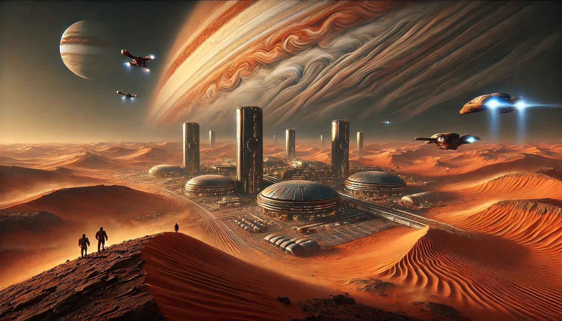 A vast desert landscape with large organized futuristic structures resembling a colony setup