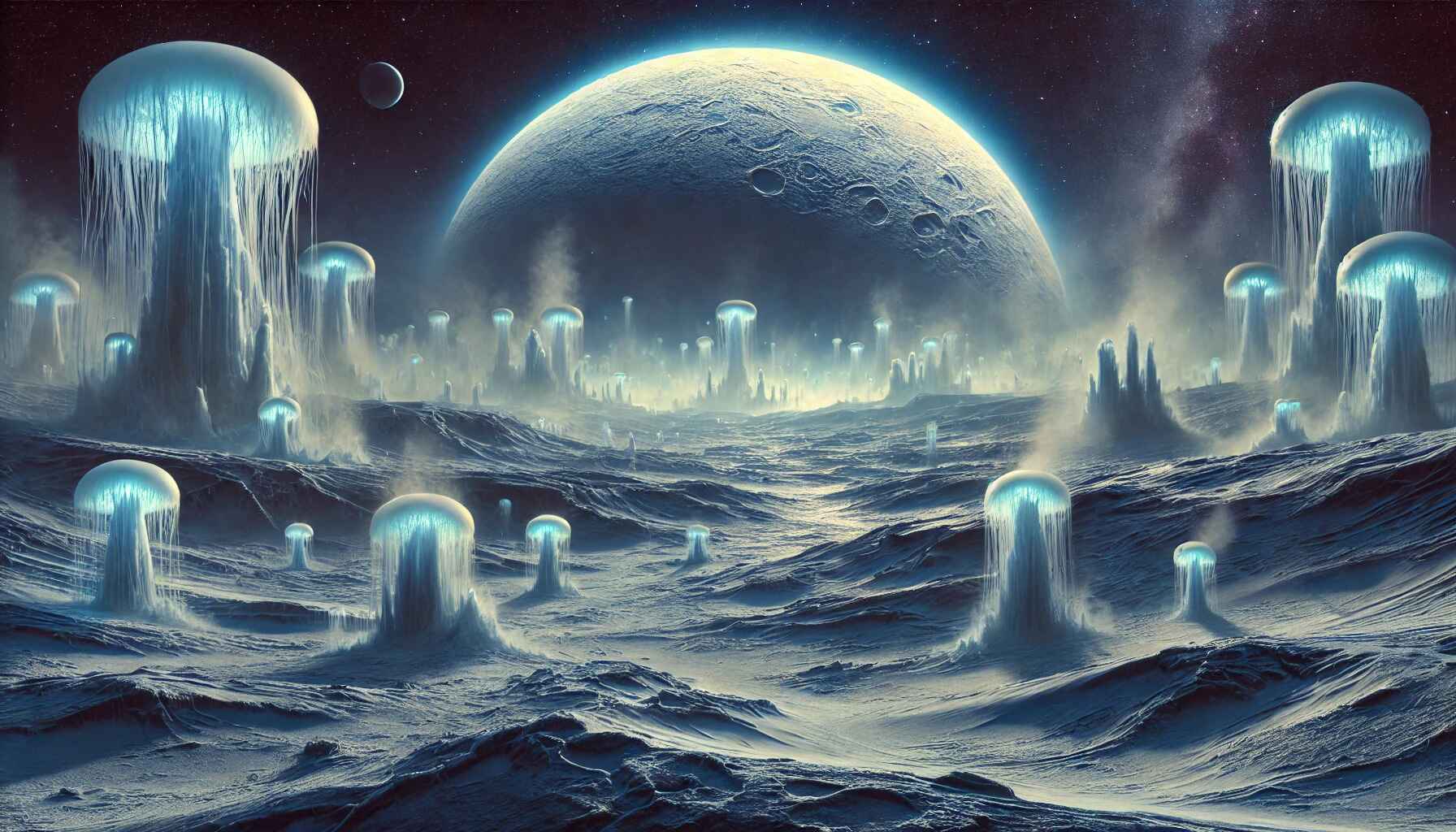 Futuristic cityscape with advanced technology infrastructure and neon lights in a desert setting at dusk
