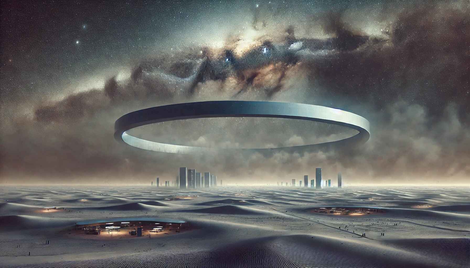 A quiet, mysterious galaxy desert scene featuring futuristic structures and sparse groups of people