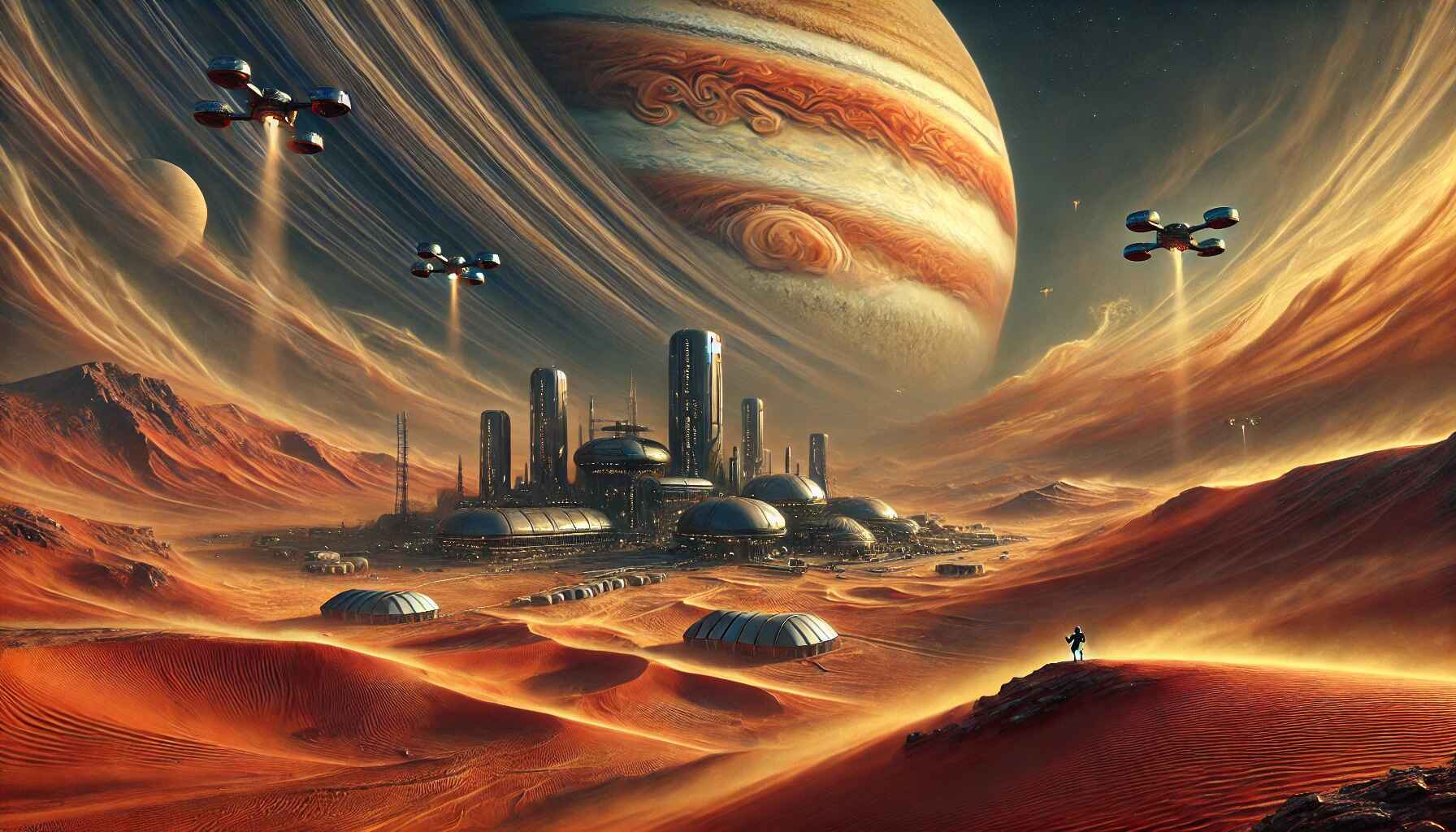 Futuristic desert cityscape at sunset with a central towering structure, rows of spherical buildings, and crowds of people