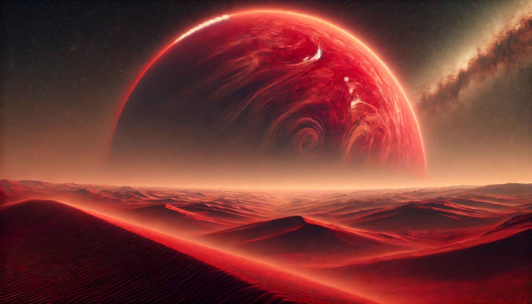 Futuristic cityscape with advanced technology infrastructure and neon lights in a desert setting at dusk