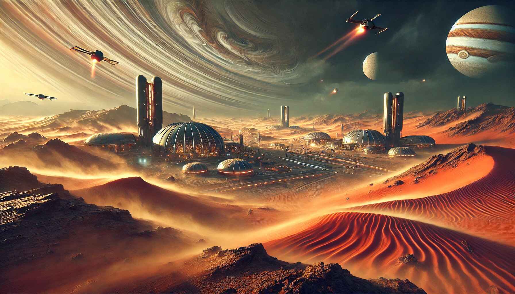 Futuristic cityscape with advanced technology infrastructure and neon lights in a desert setting at dusk