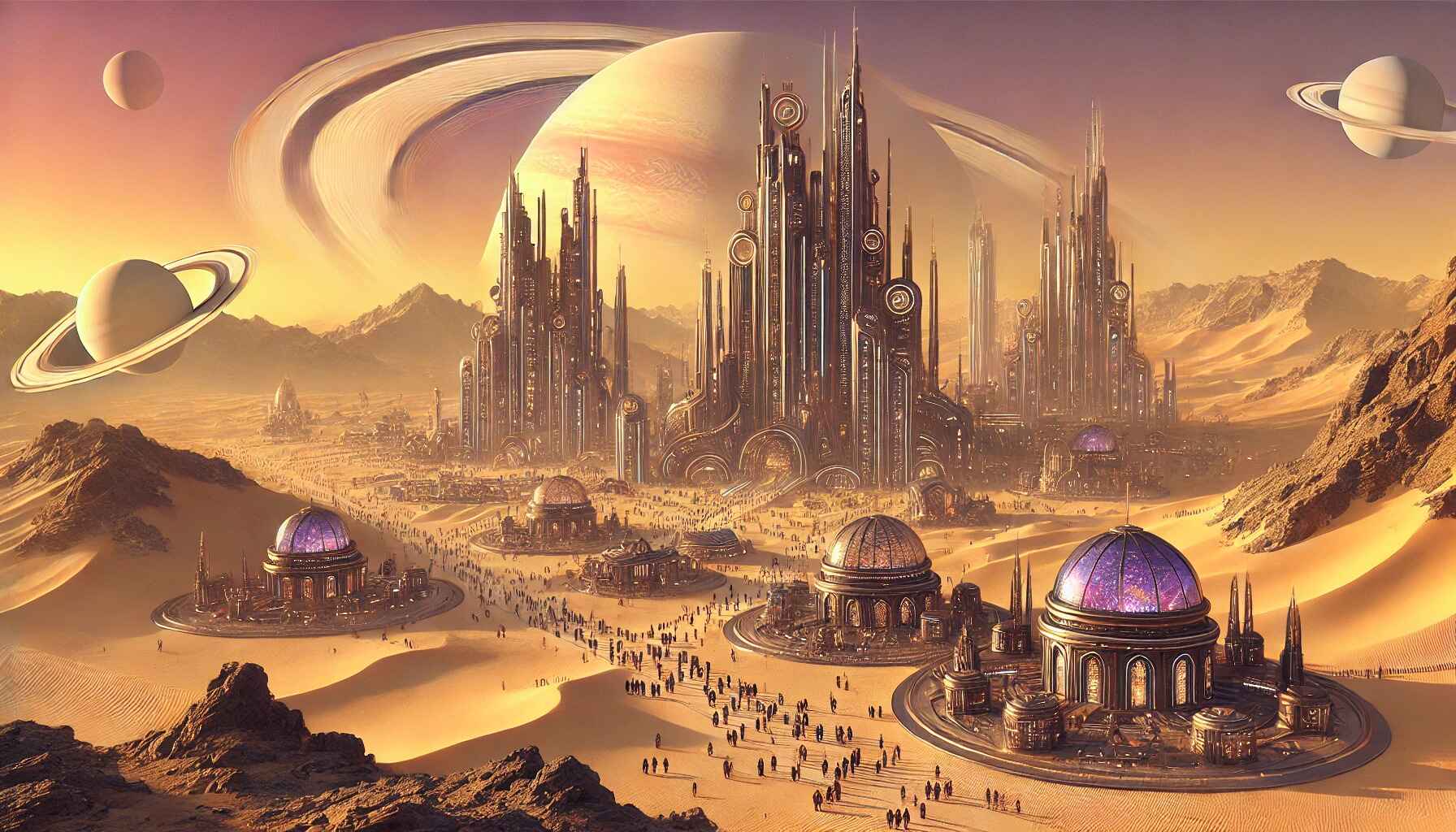 A vast desert landscape with a large, organized encampment of futuristic structures and vehicles, resembling a colony setup