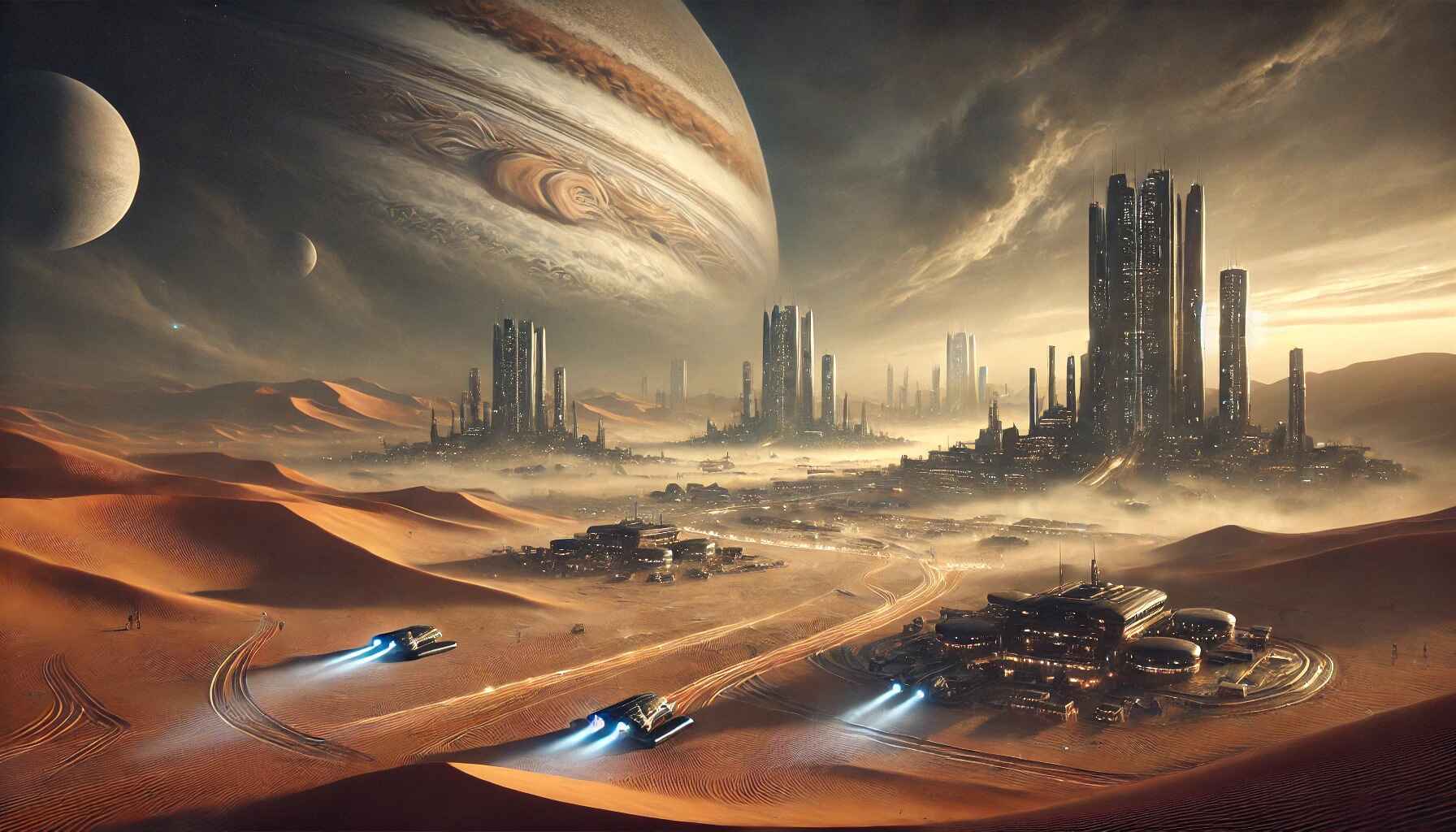 Futuristic desert cityscape at sunset with a central towering structure, rows of spherical buildings, and crowds of people