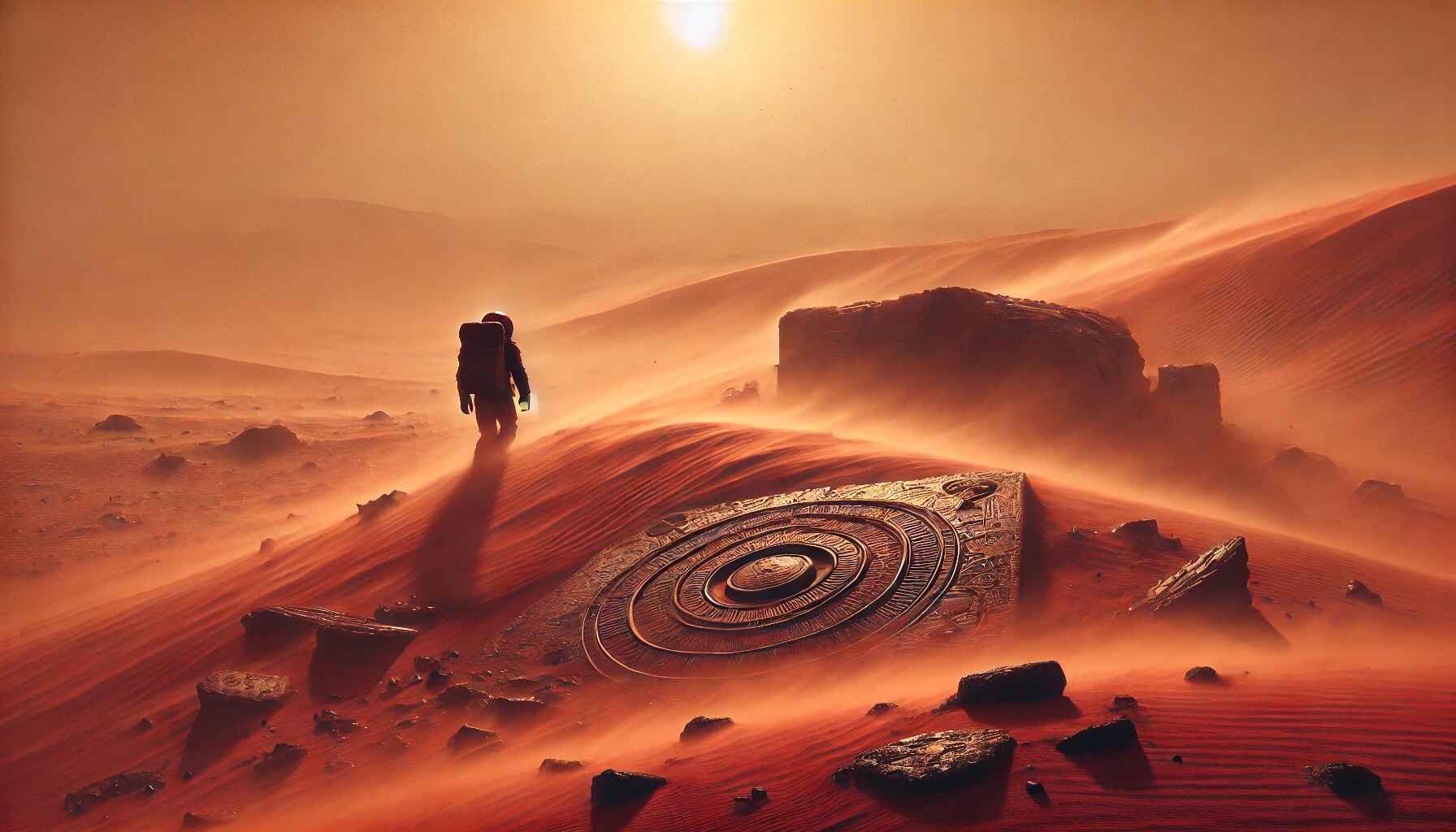 A vast desert landscape with large organized futuristic structures resembling a colony setup