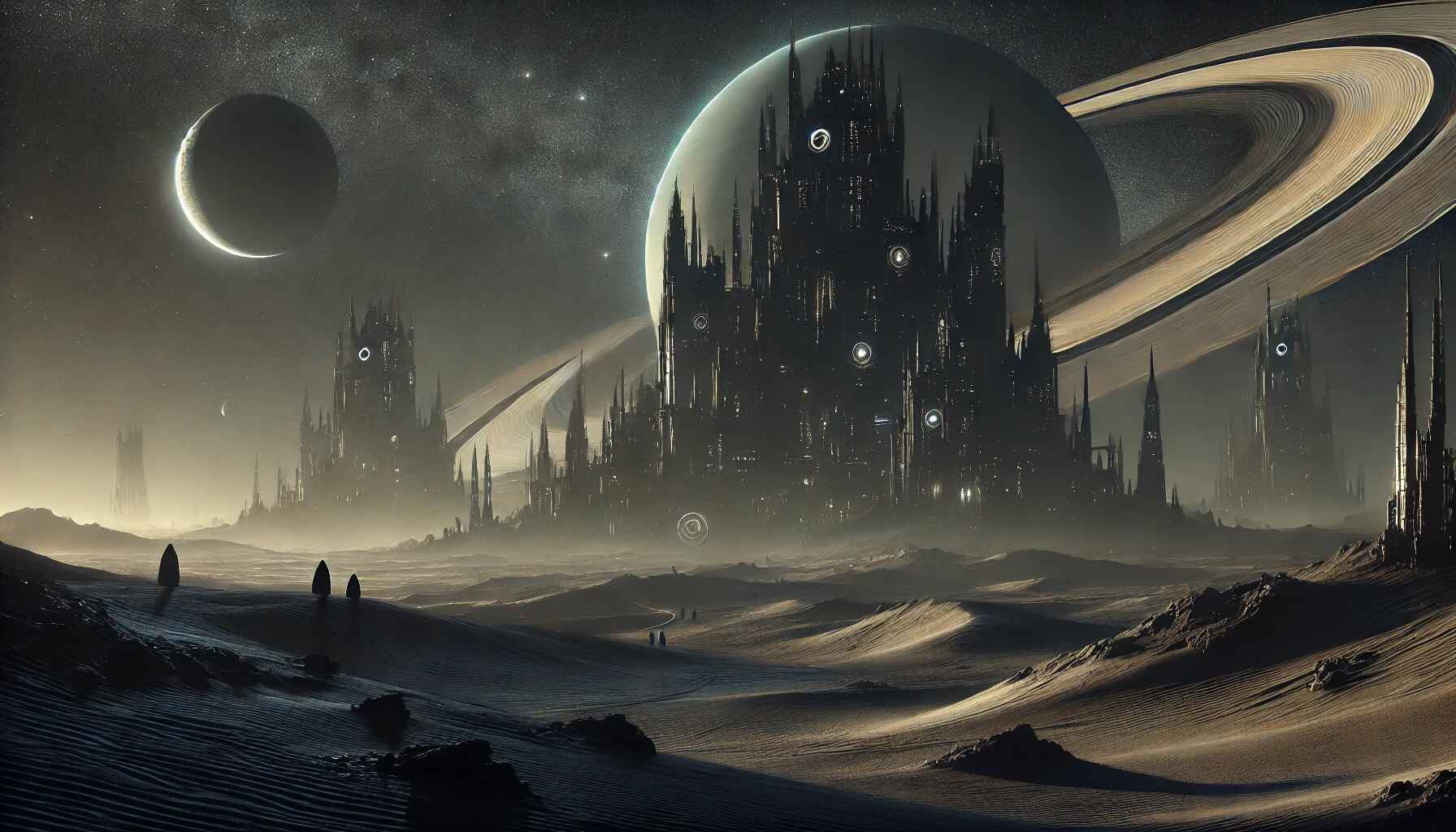An image showcasing an eerie and mysterious desert landscape on Saturn