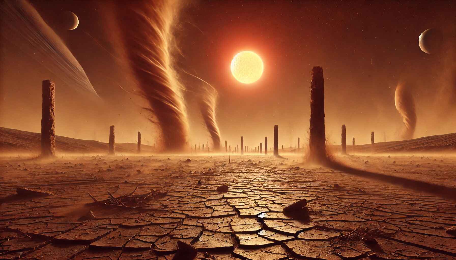 A vast desert landscape with large organized futuristic structures resembling a colony setup