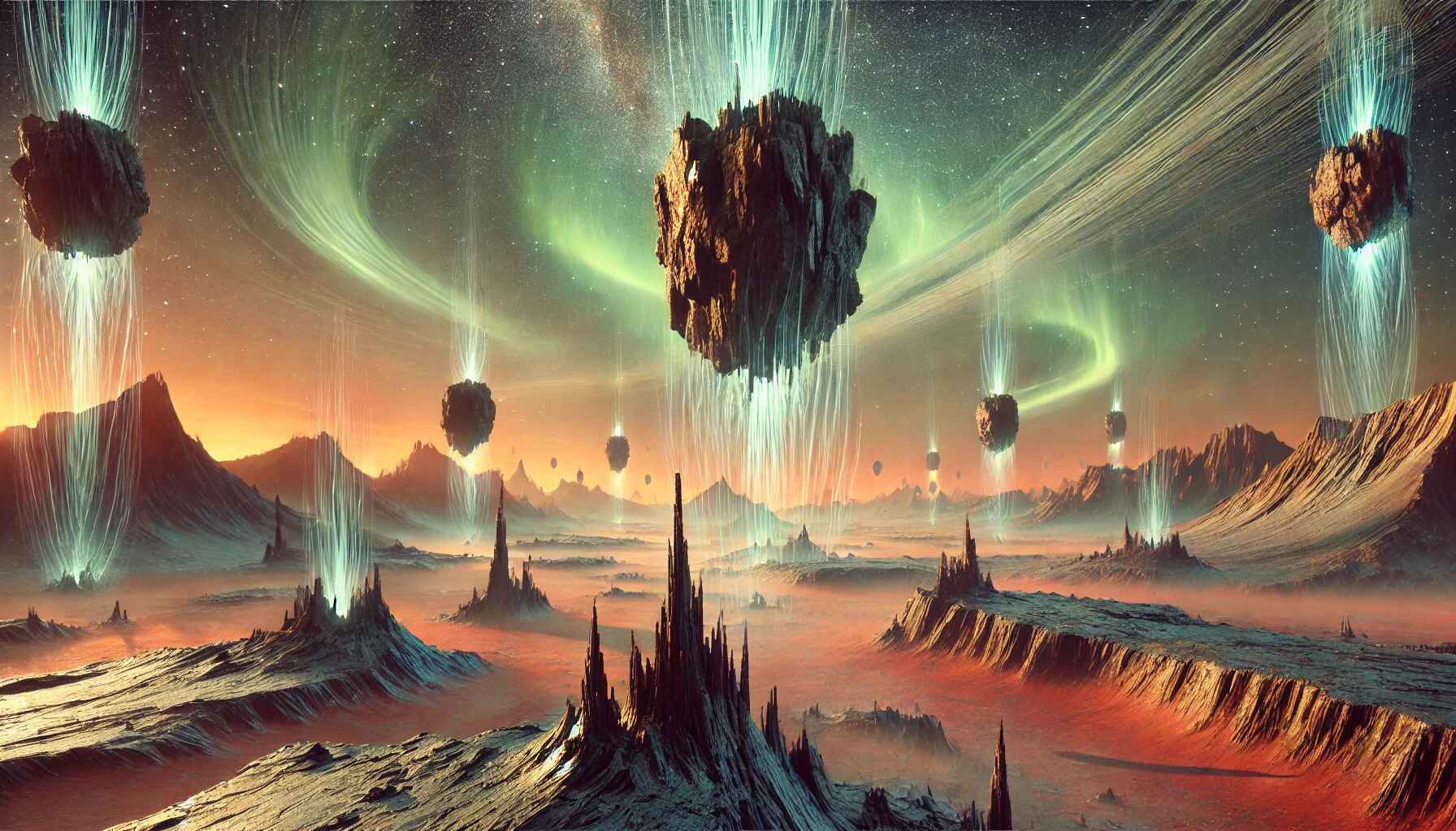 A vast desert landscape with large organized futuristic structures resembling a colony setup