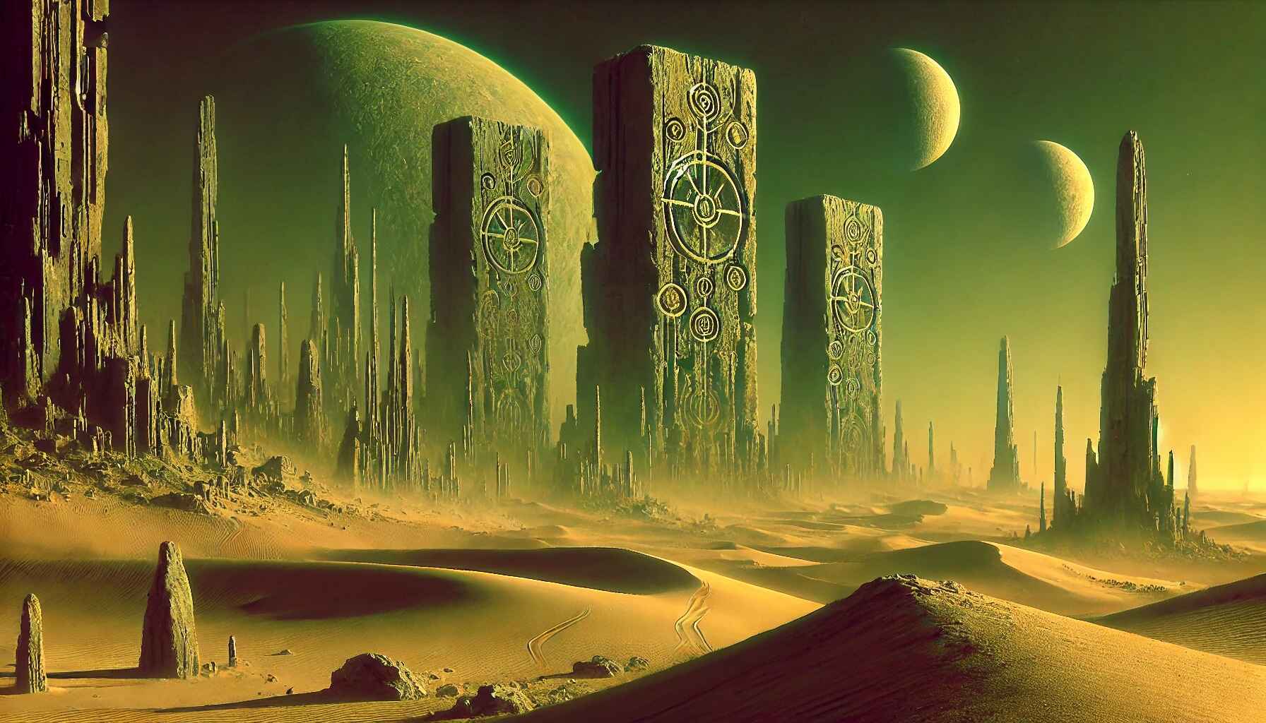Futuristic desert cityscape at sunset with a central towering structure, rows of spherical buildings, and crowds of people