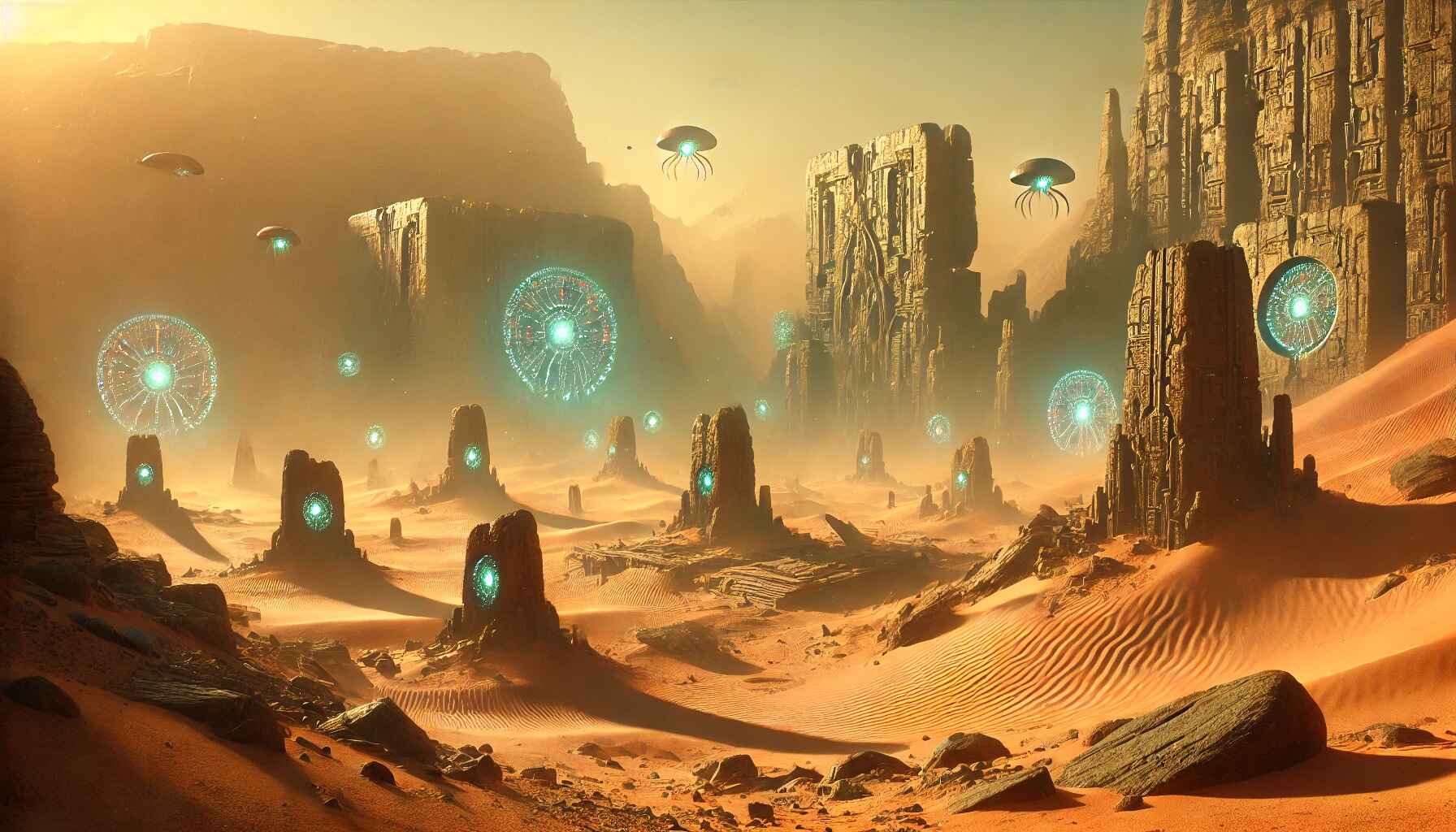A vast desert landscape with large organized futuristic structures resembling a colony setup