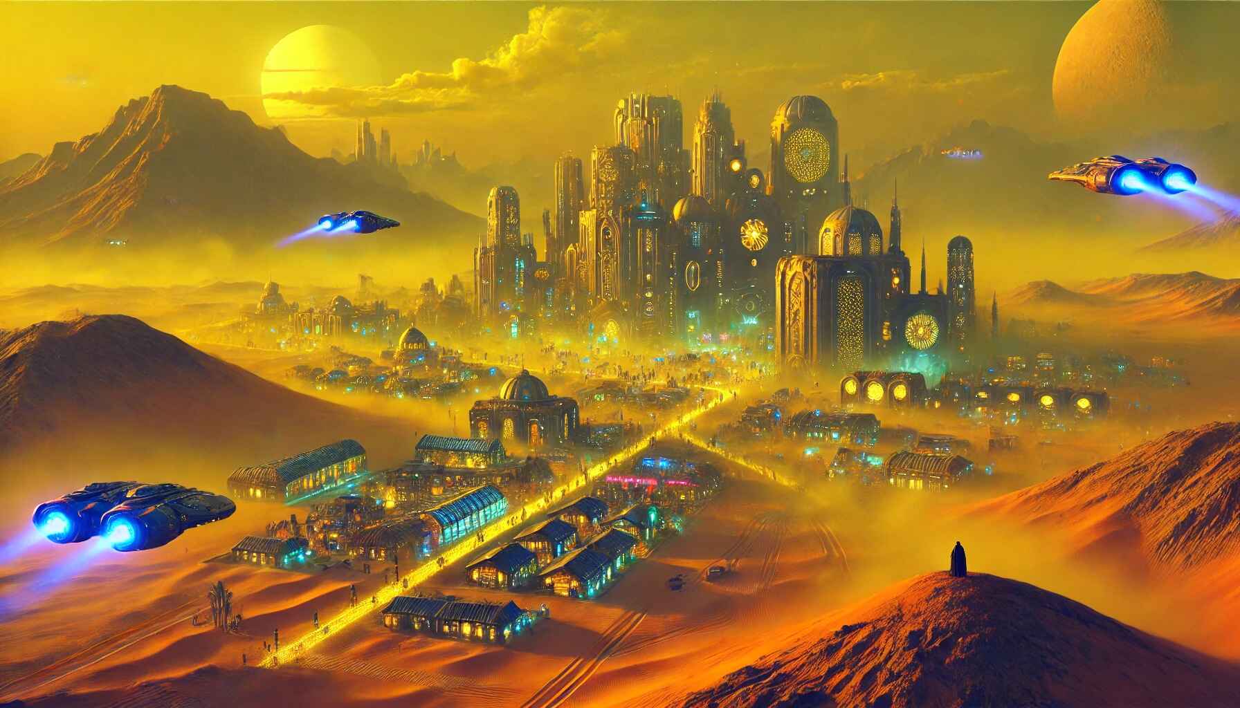 A colony of people on a desert with a fox sitting and watching towards it
