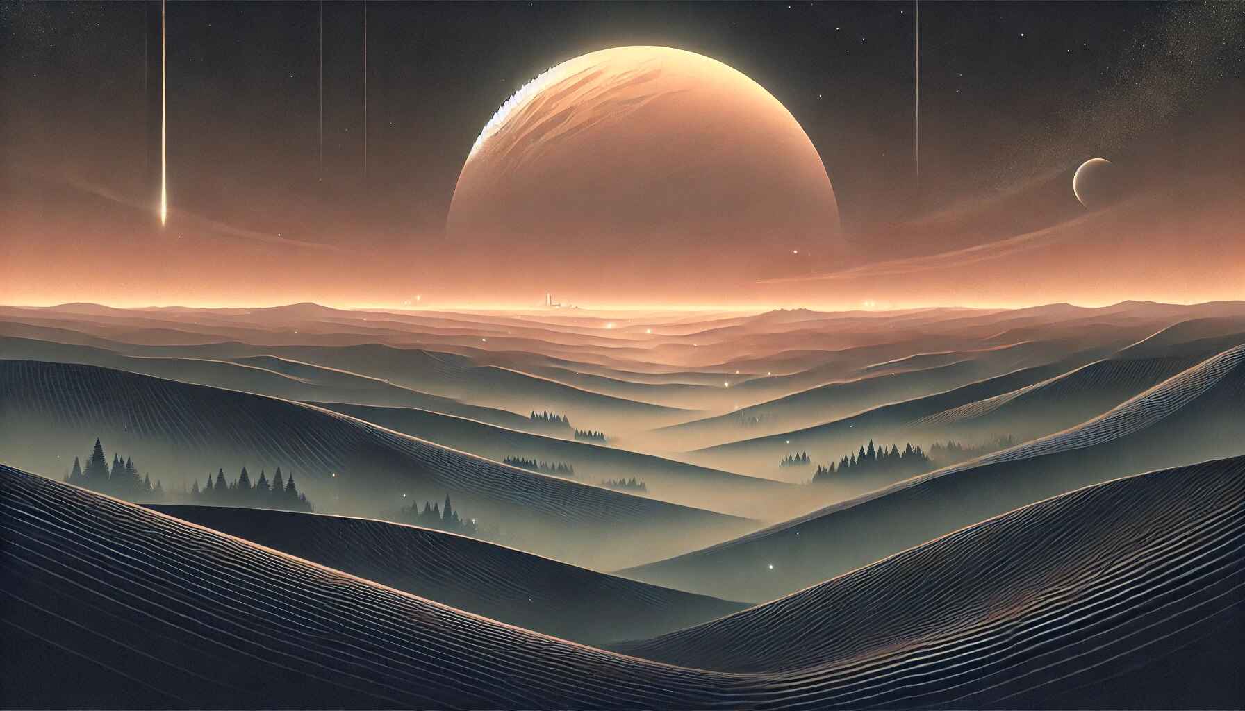 A vast desert landscape with large organized futuristic structures resembling a colony setup
