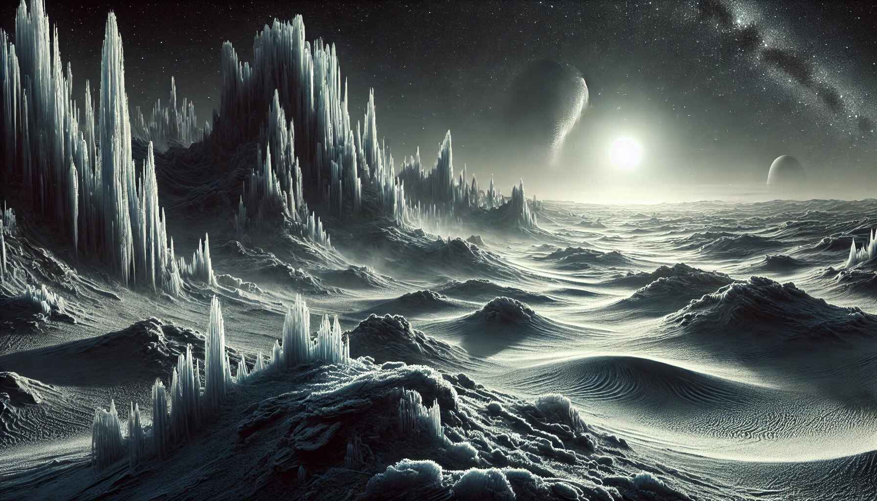 A vast desert landscape with large organized futuristic structures resembling a colony setup