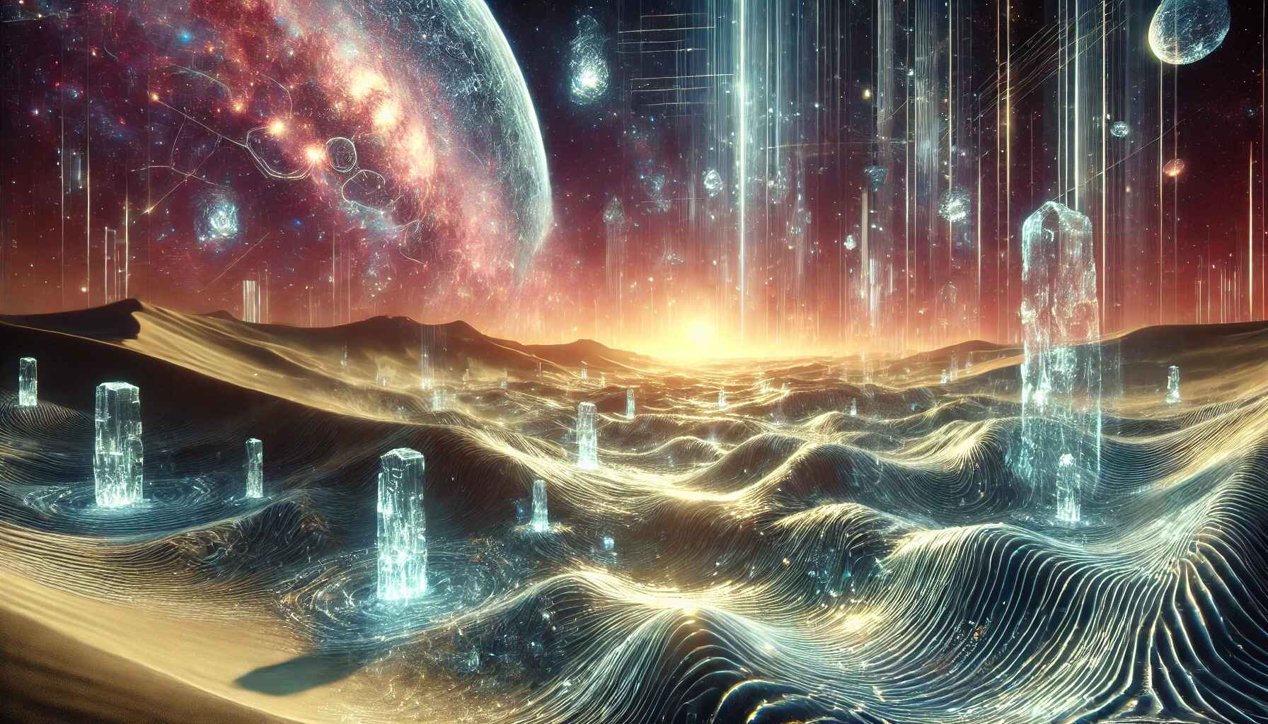 A vast desert landscape with large organized futuristic structures resembling a colony setup