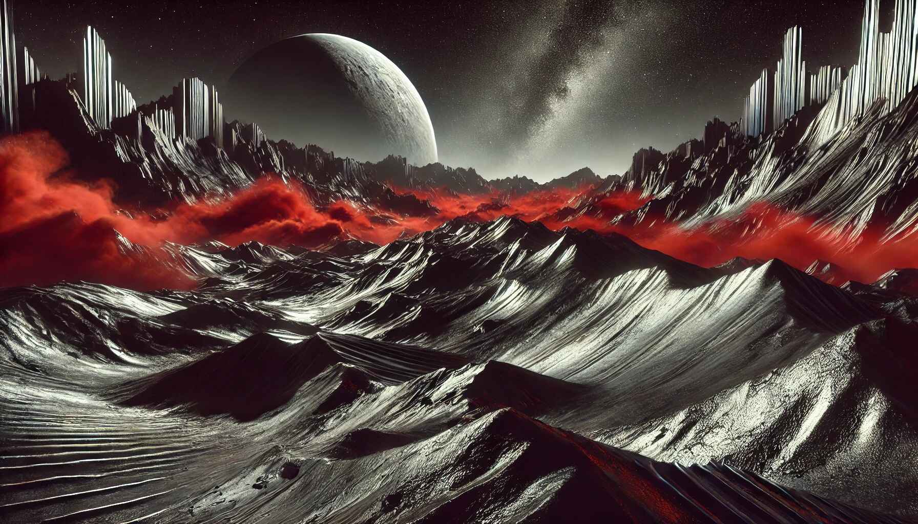 A vast desert landscape with large organized futuristic structures resembling a colony setup
