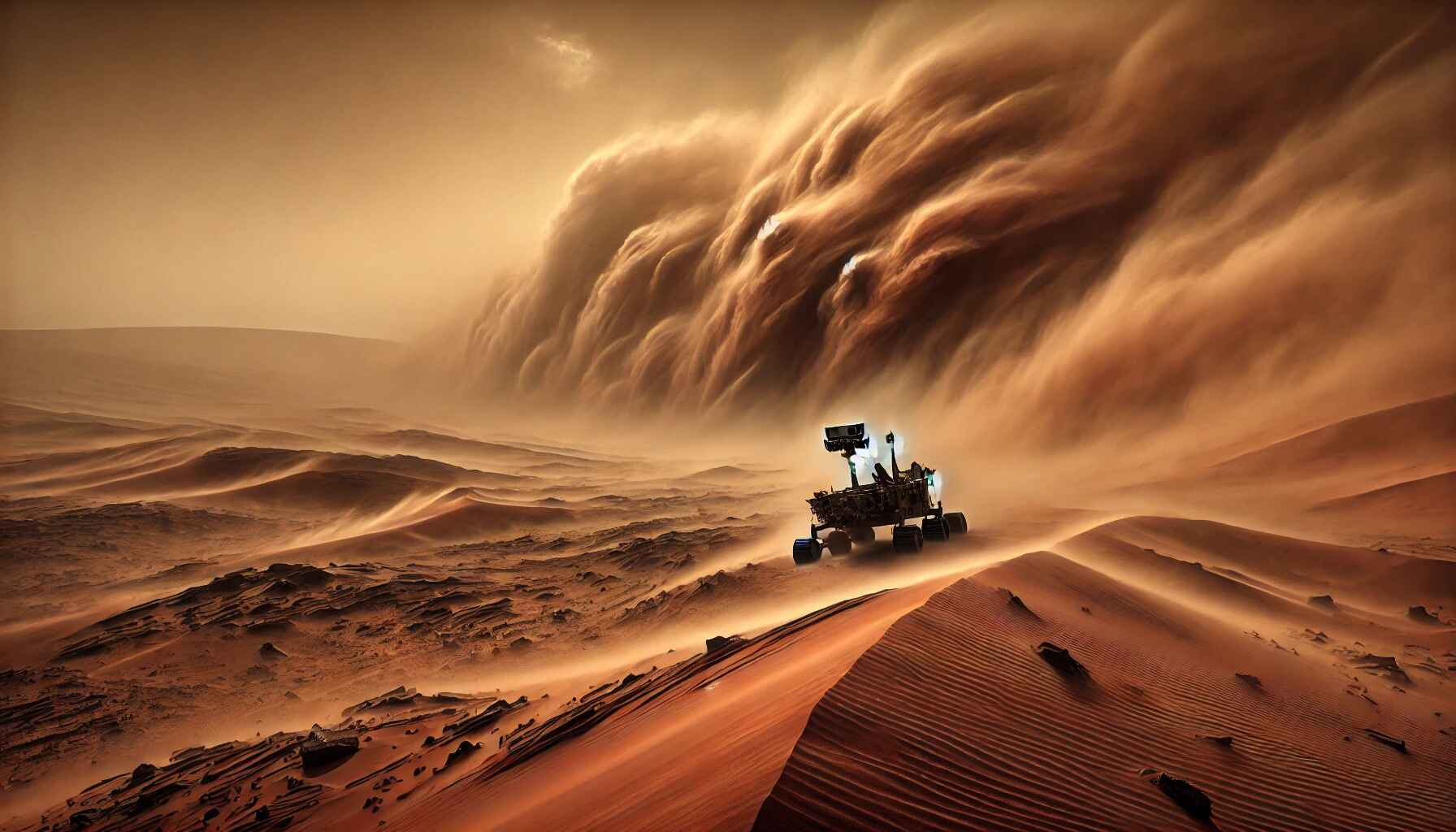 A vast desert landscape with large organized futuristic structures resembling a colony setup