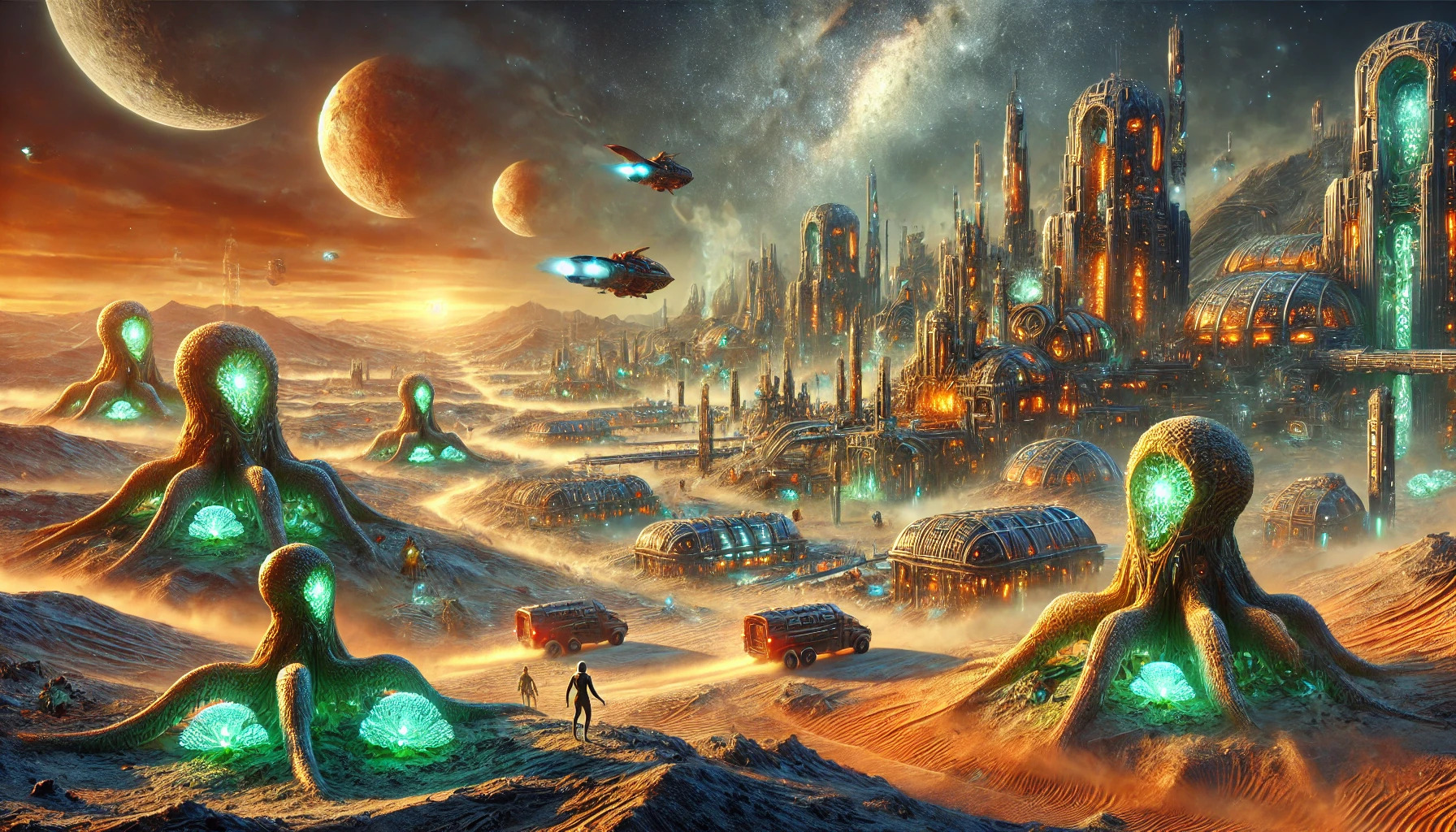 A vast desert landscape with a large, organized encampment of futuristic structures and vehicles, resembling a colony setup