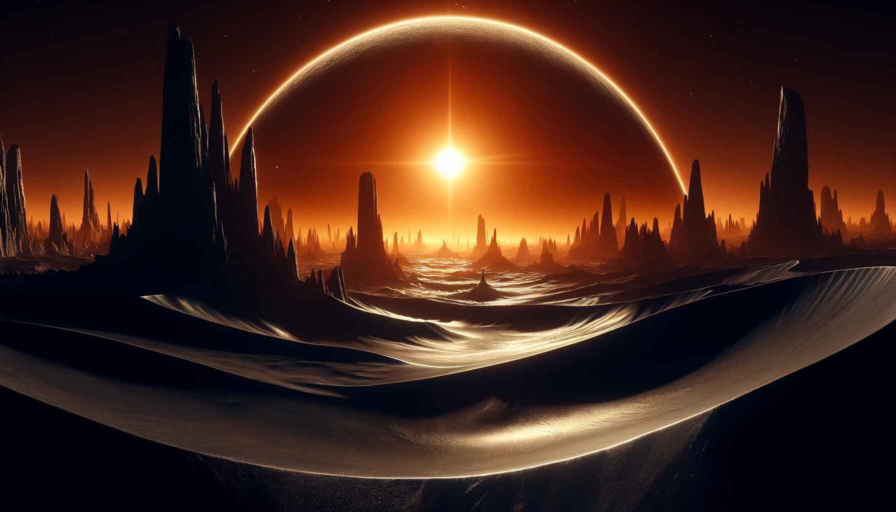 A vast desert landscape with a large, organized encampment of futuristic structures and vehicles, resembling a colony setup