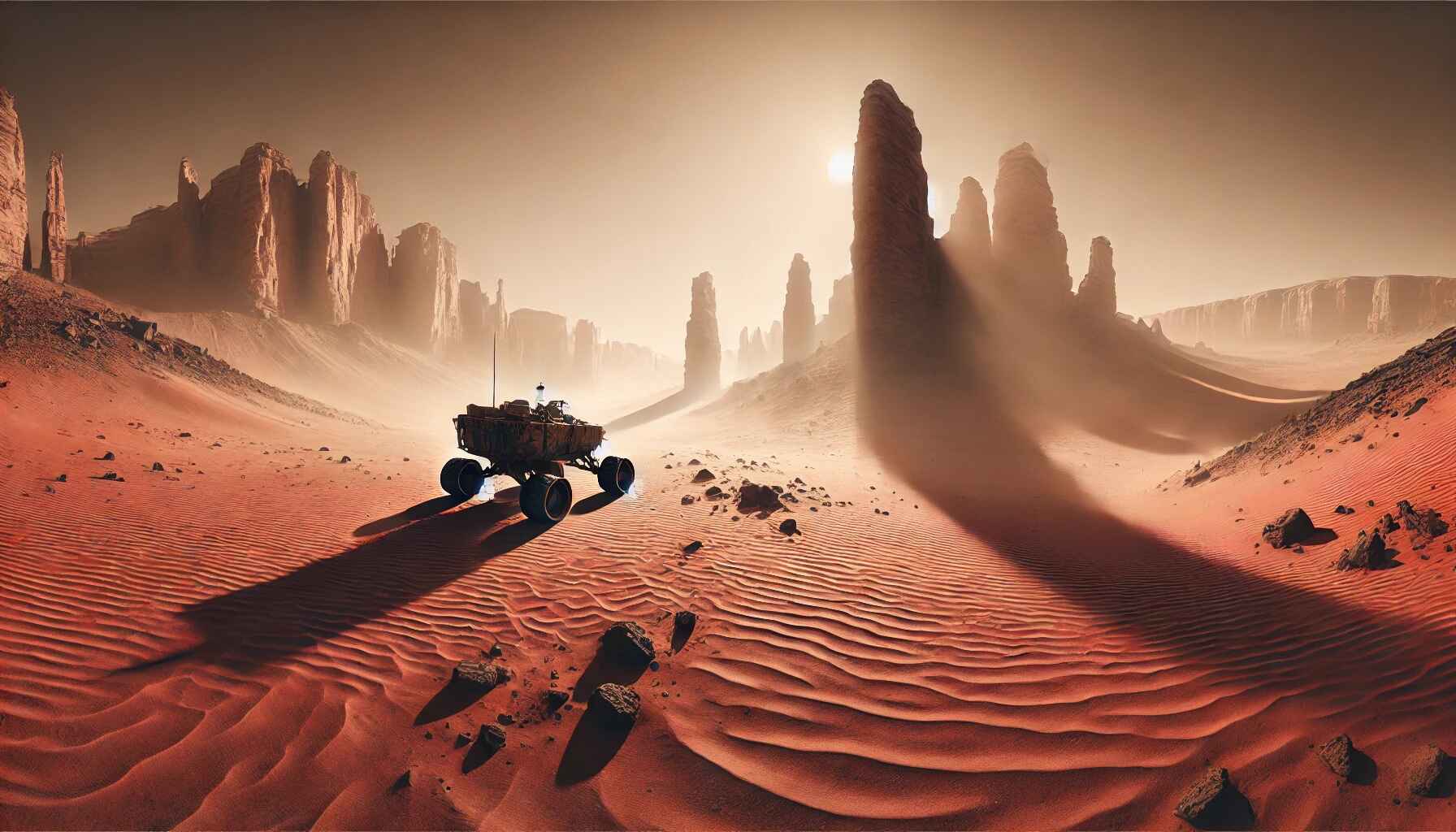 A vast desert landscape with a large, organized encampment of futuristic structures and vehicles, resembling a colony setup