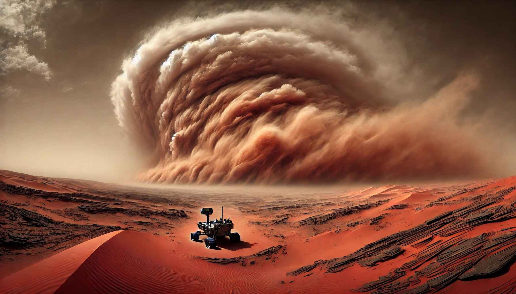 A vast desert landscape with large organized futuristic structures resembling a colony setup