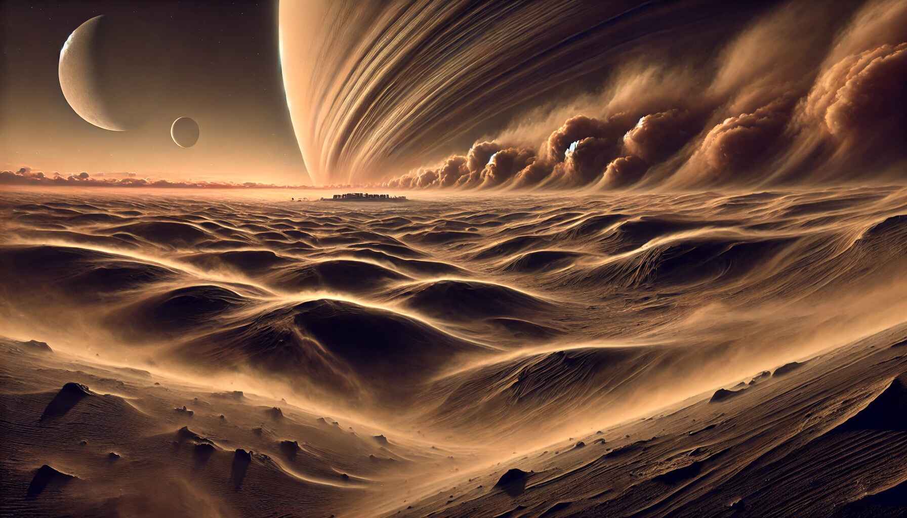 A vast desert landscape with a large, organized encampment of futuristic structures and vehicles, resembling a colony setup