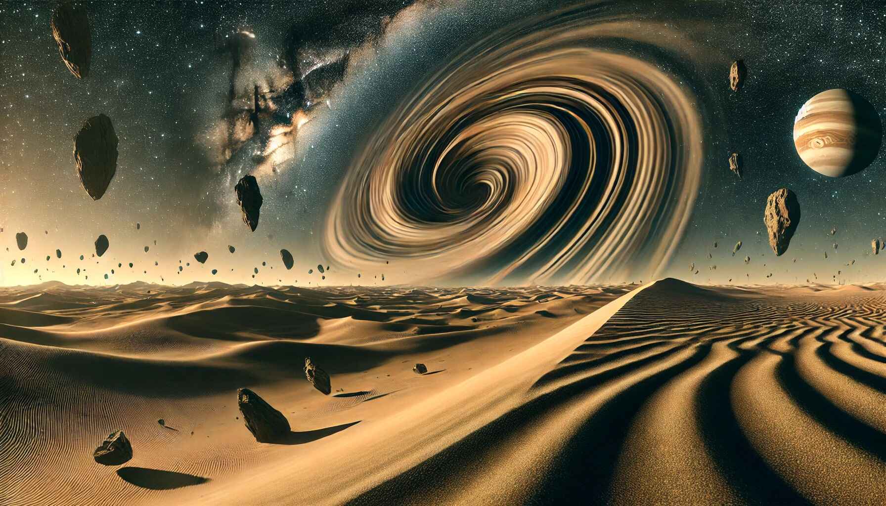 A vast desert landscape with a large, organized encampment of futuristic structures and vehicles, resembling a colony setup