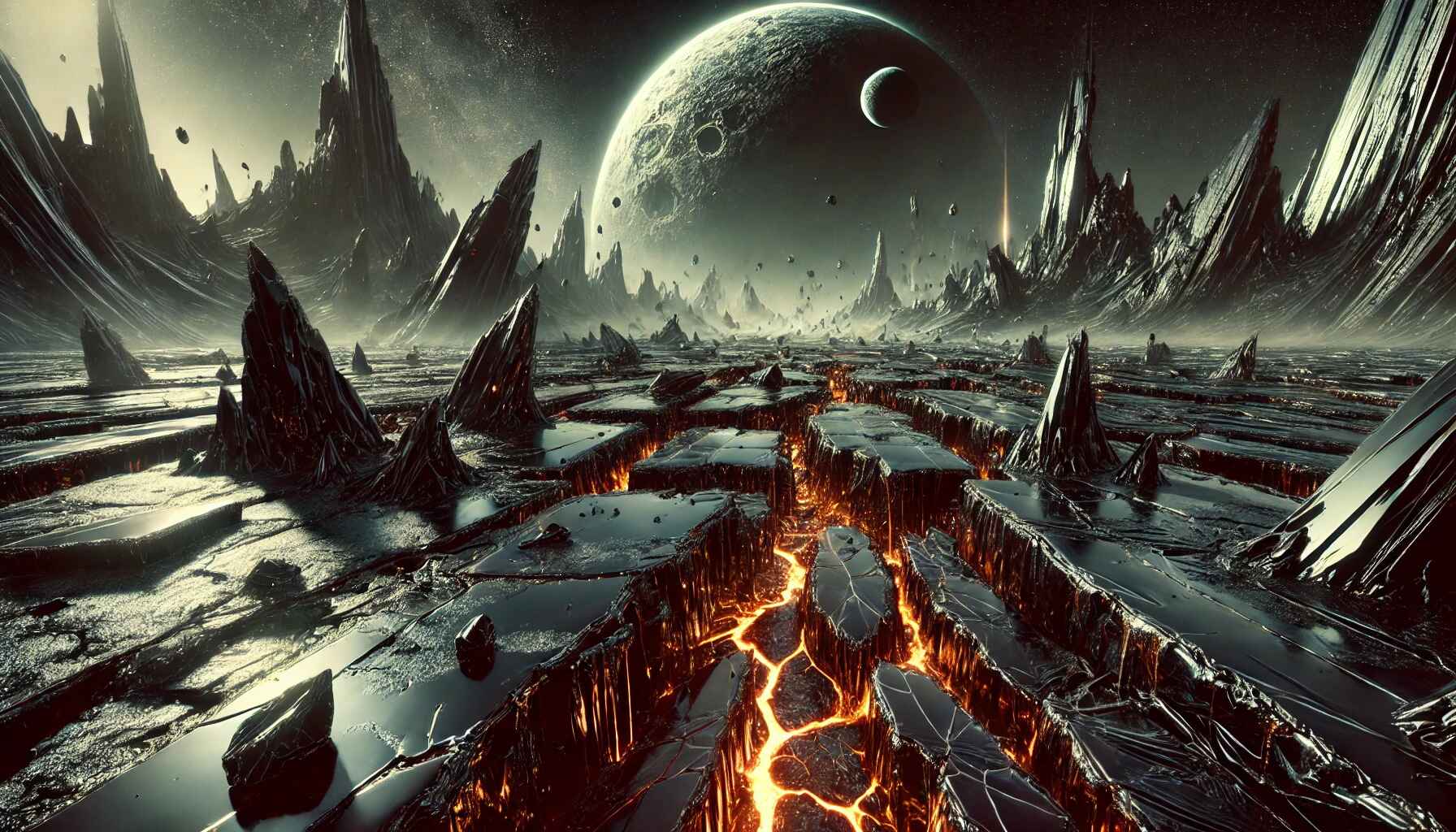 A vast desert landscape with large organized futuristic structures resembling a colony setup