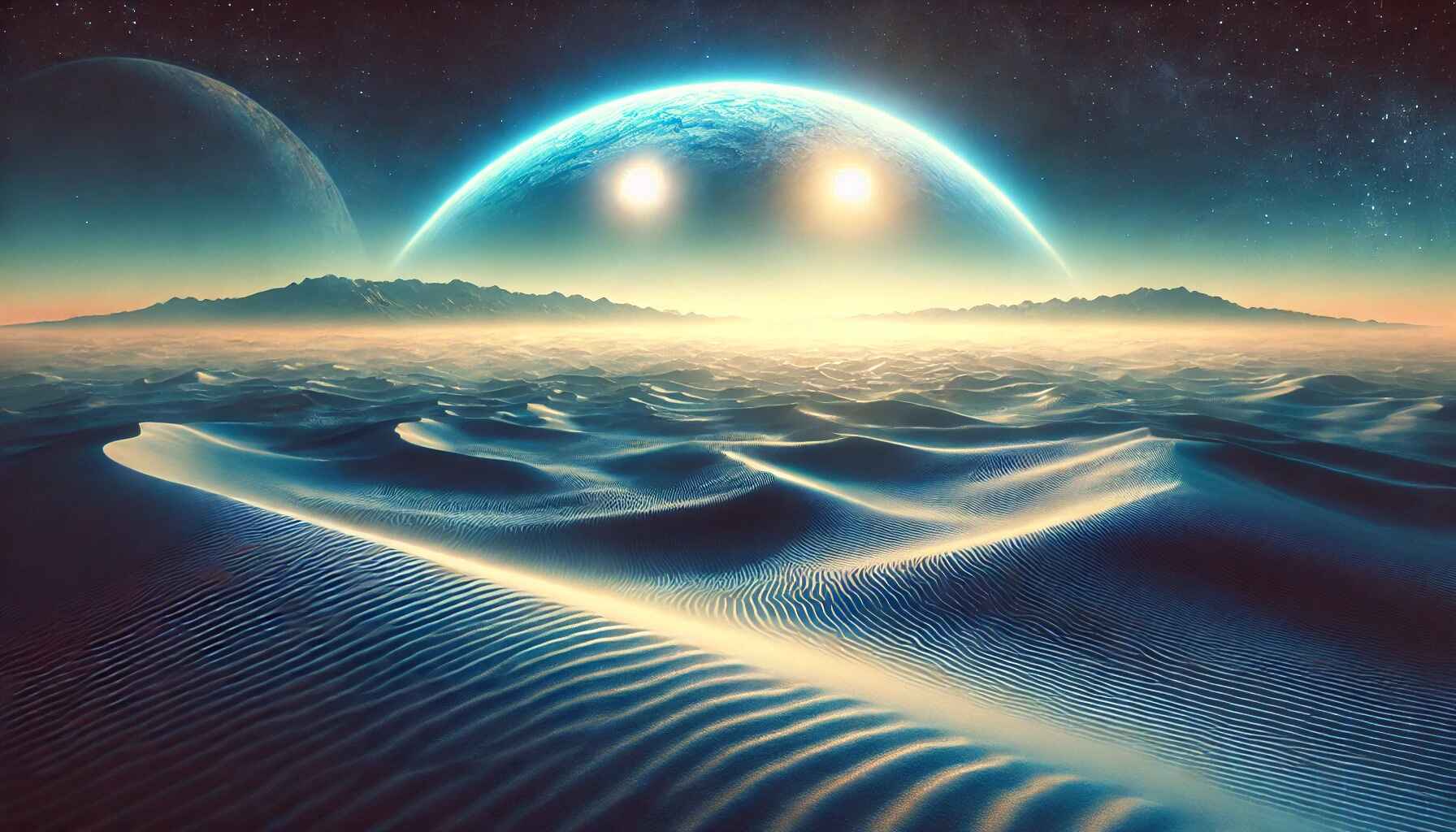 A vast desert landscape with large organized futuristic structures resembling a colony setup
