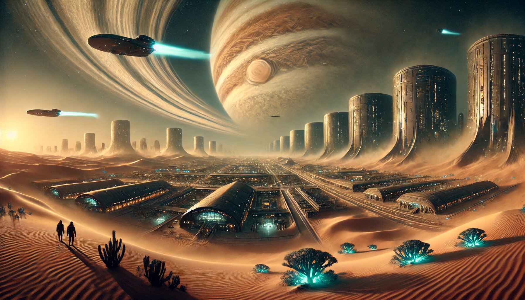 A vast desert landscape with large organized futuristic structures resembling a colony setup
