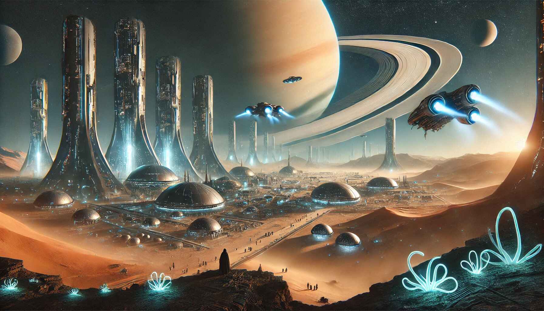 Futuristic cityscape with advanced technology infrastructure and neon lights in a desert setting at dusk
