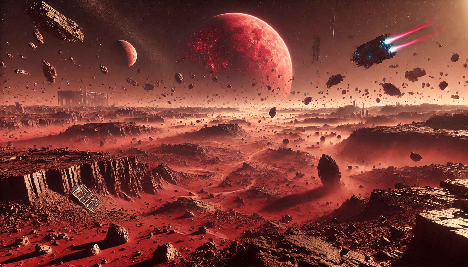 A vast desert landscape with a large, organized encampment of futuristic structures and vehicles, resembling a colony setup