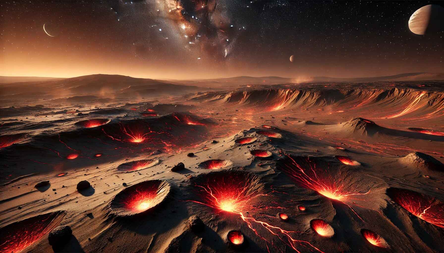 A vast desert landscape with large organized futuristic structures resembling a colony setup