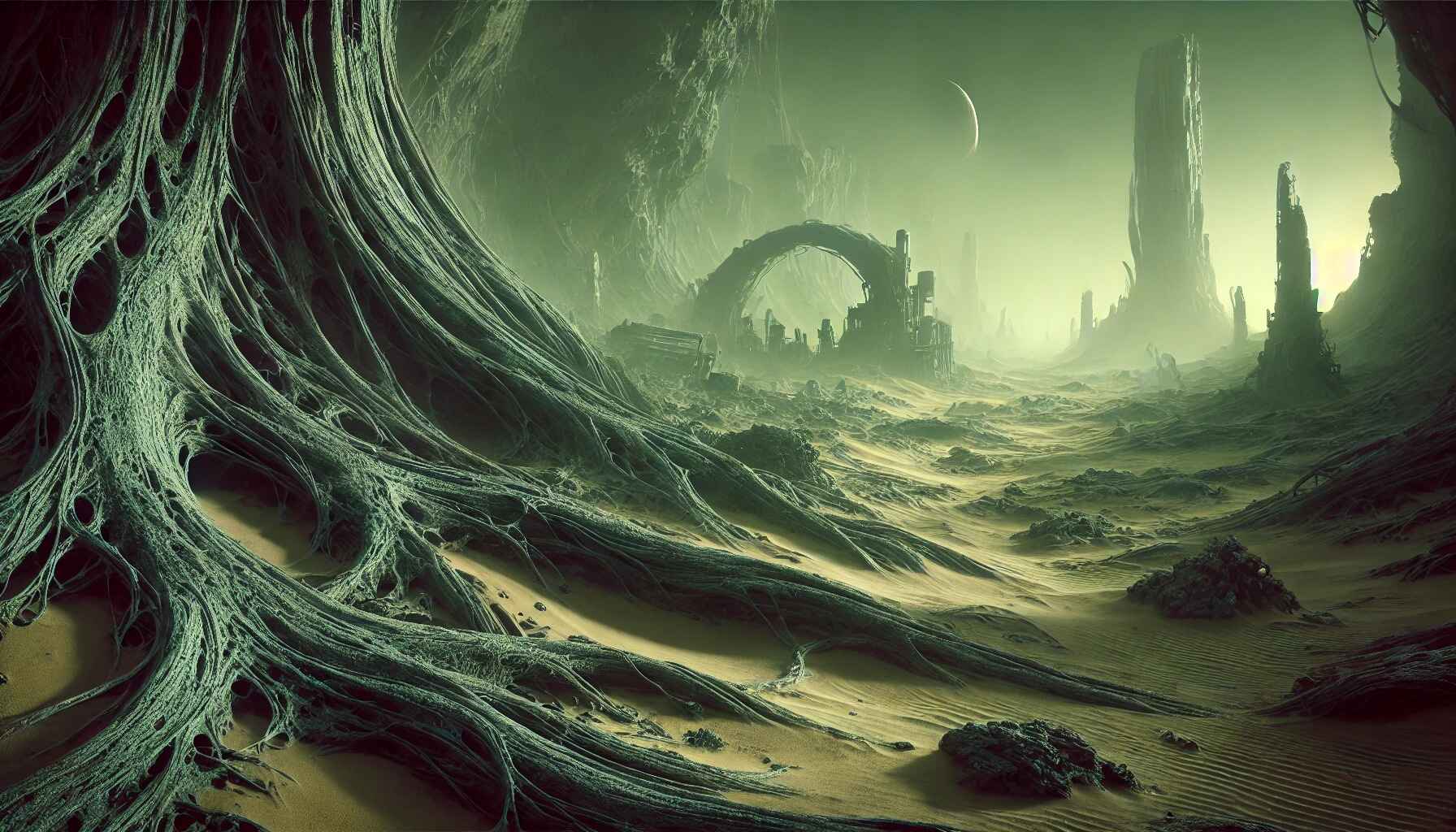 A vast desert landscape with large organized futuristic structures resembling a colony setup