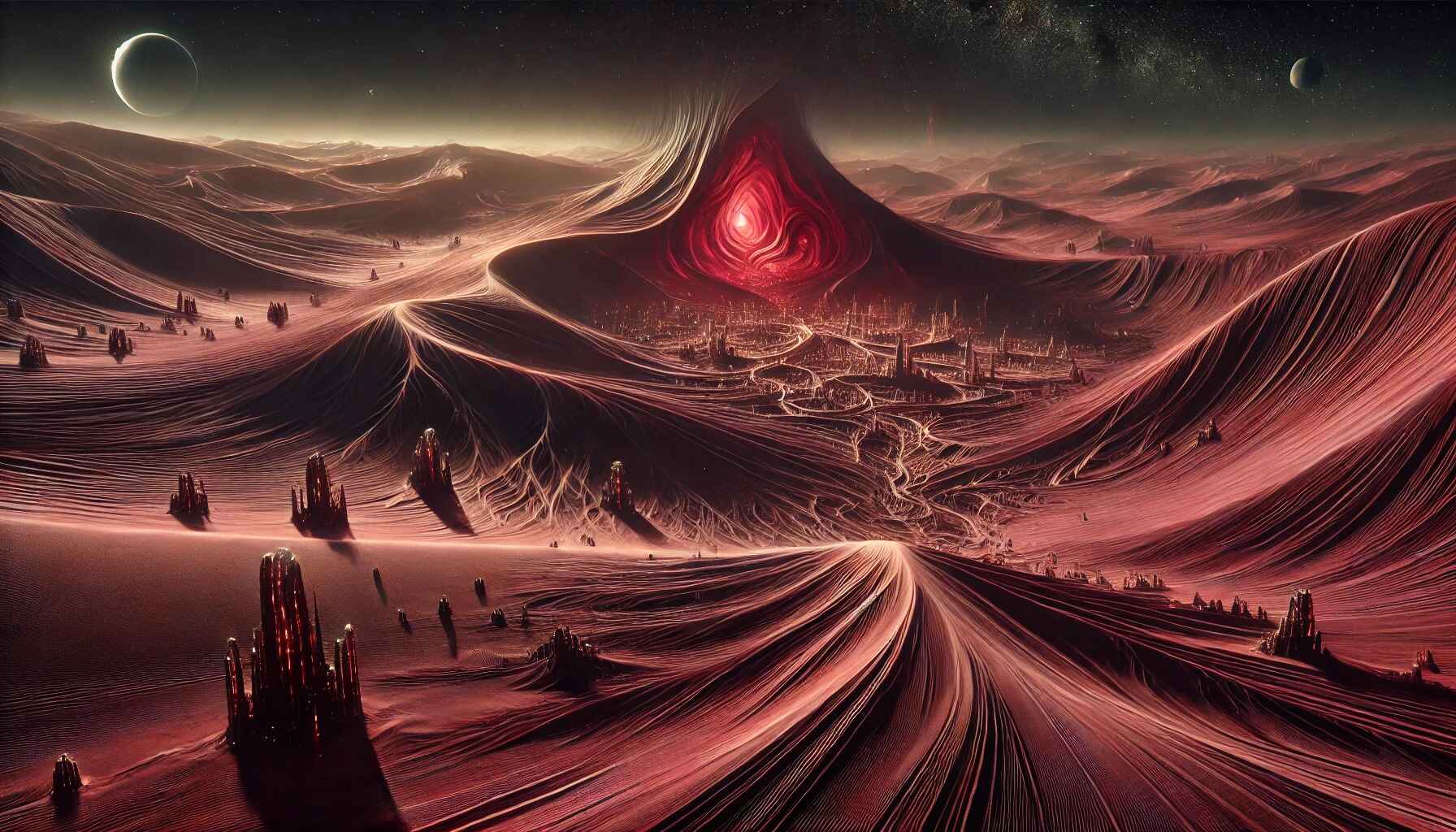 A vast desert landscape with large organized futuristic structures resembling a colony setup