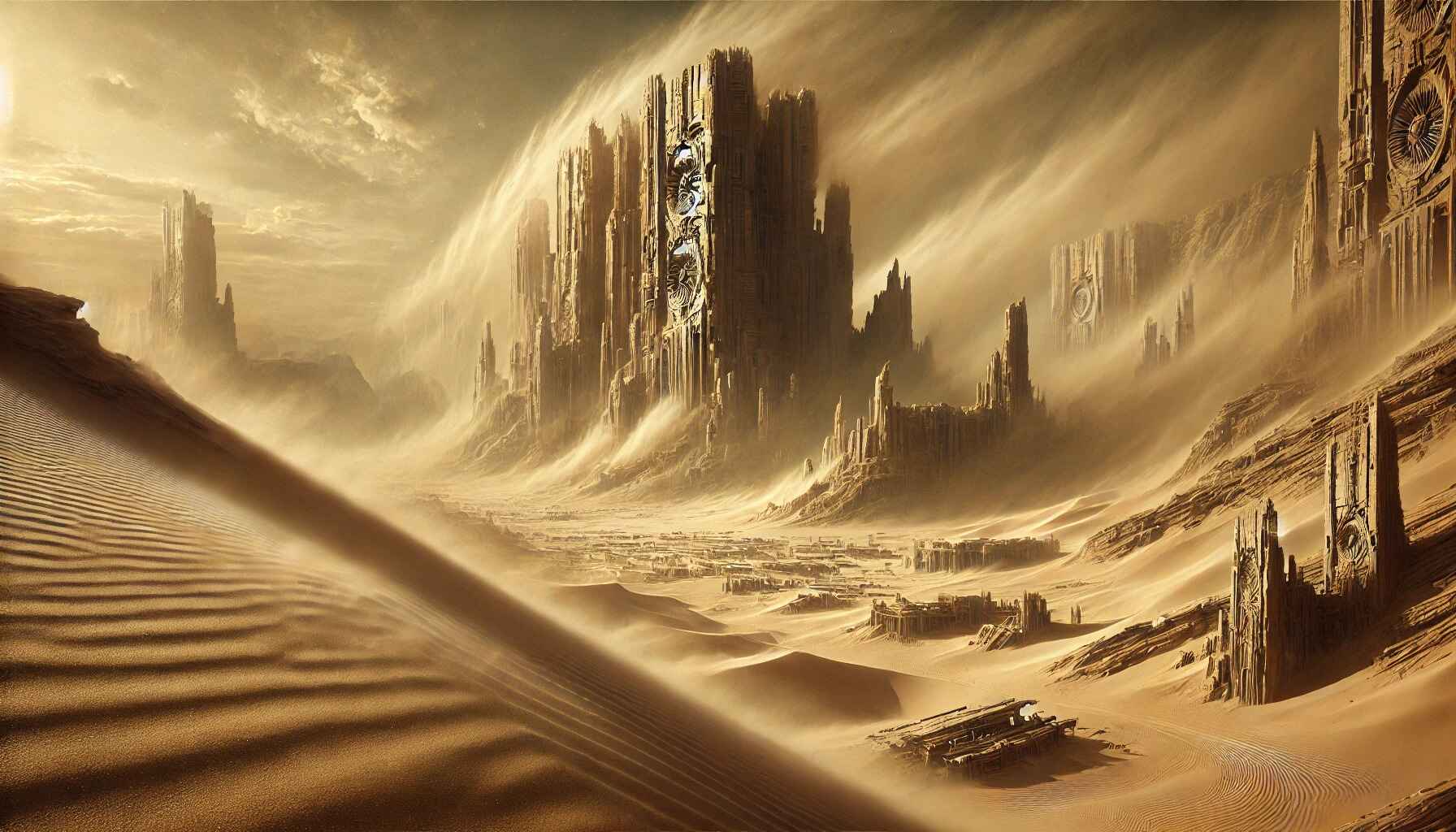 A vast desert landscape with large organized futuristic structures resembling a colony setup