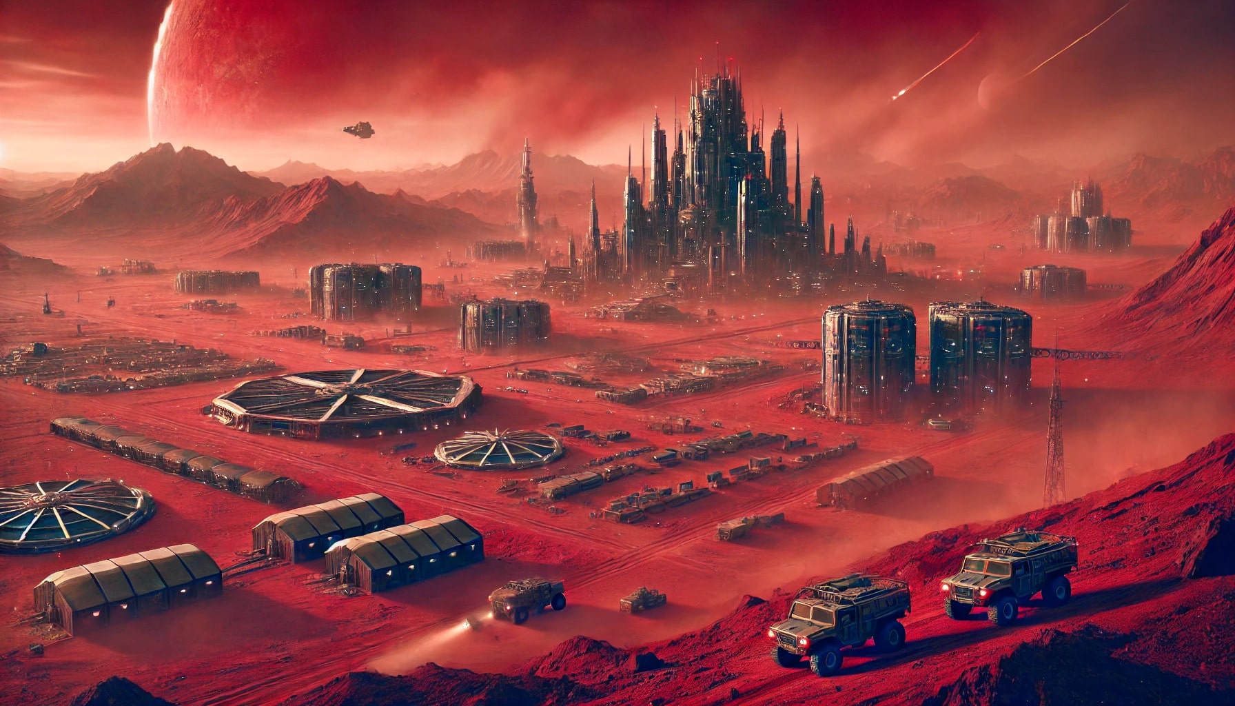 A vast desert landscape with a large, organized encampment of futuristic structures and vehicles, resembling a colony setup