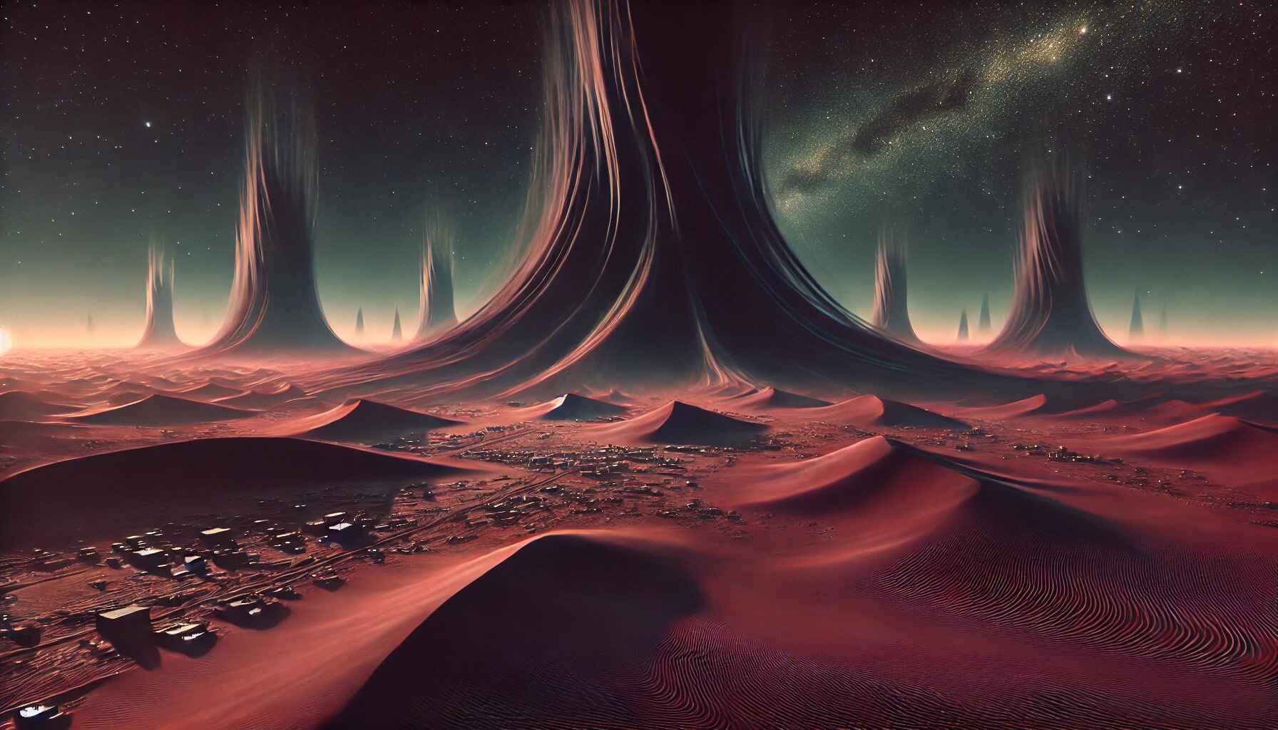 A vast desert landscape with large organized futuristic structures resembling a colony setup