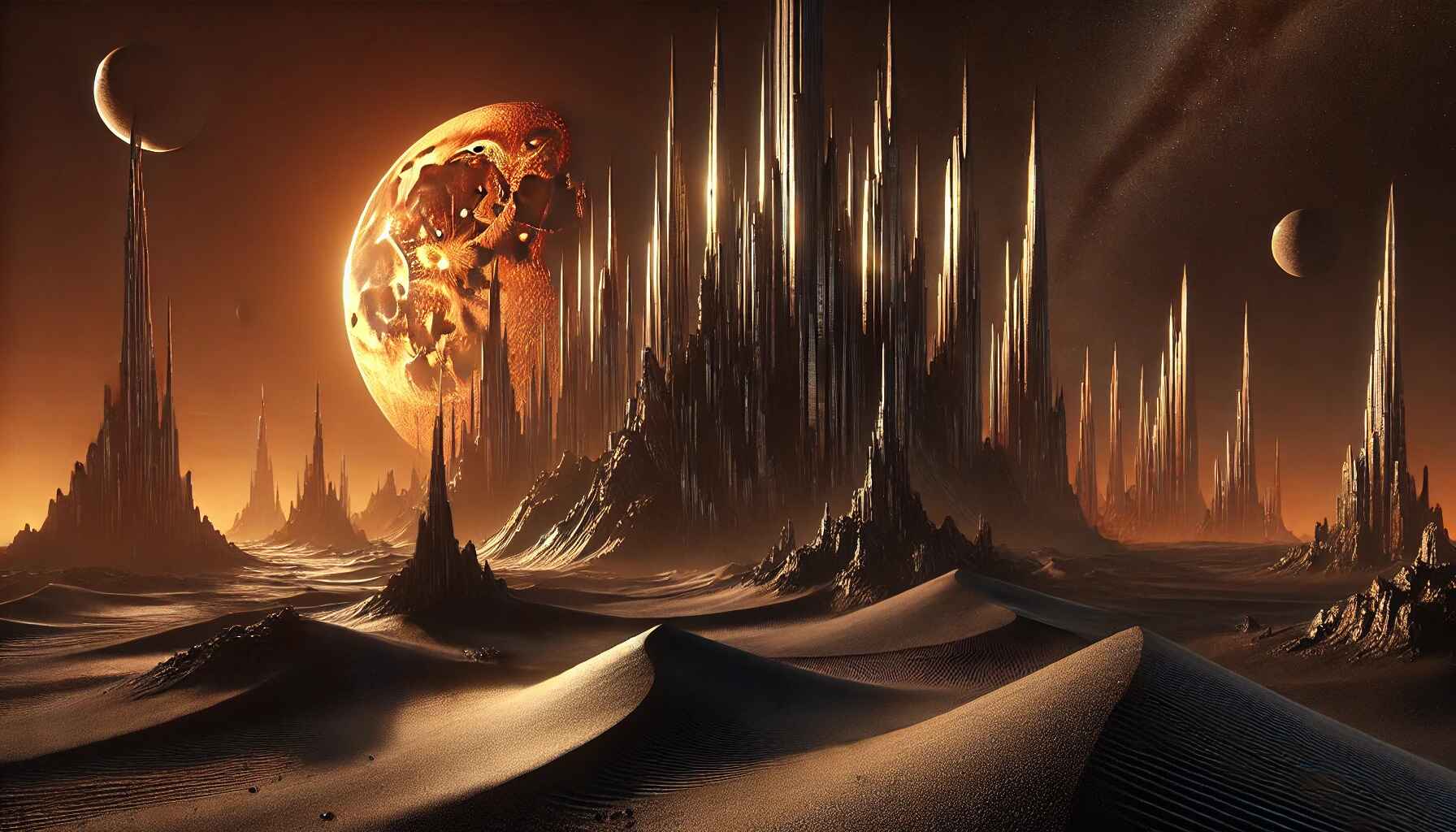 A vast desert landscape with large organized futuristic structures resembling a colony setup