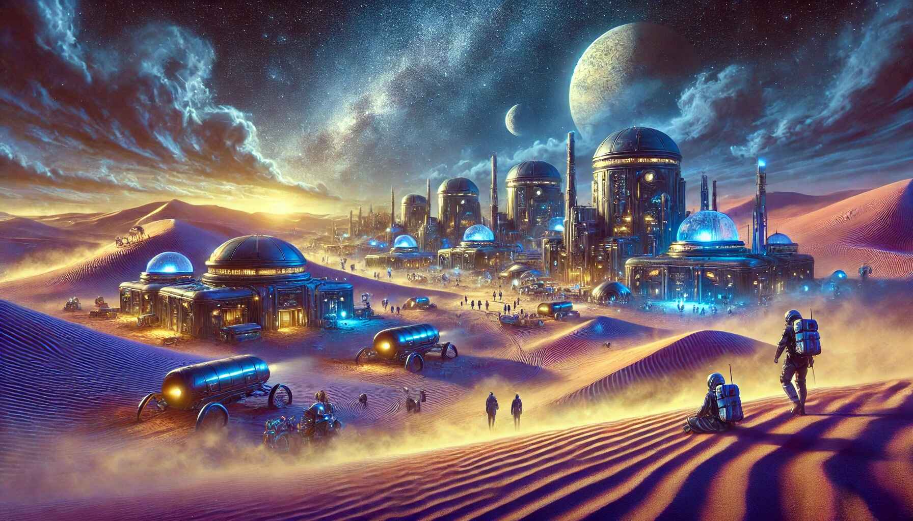 A vast desert landscape with large organized futuristic structures resembling a colony setup