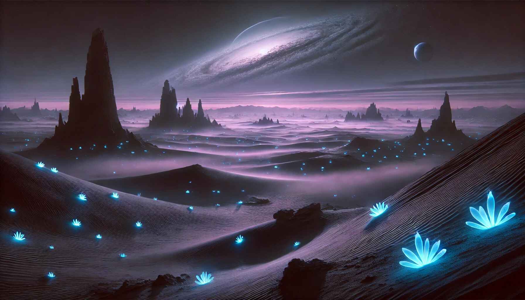 A vast desert landscape with large organized futuristic structures resembling a colony setup