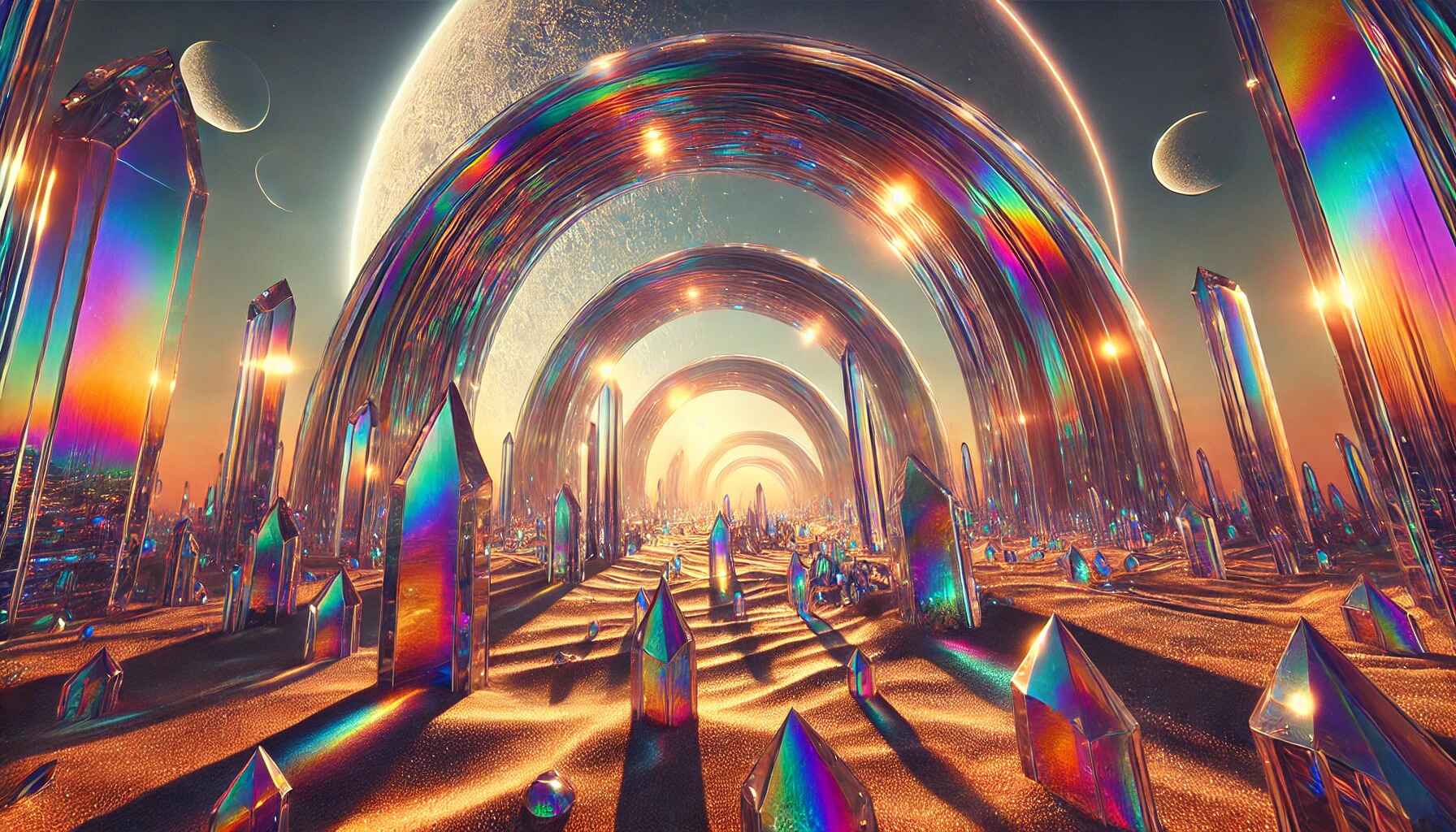 A vast desert landscape with large organized futuristic structures resembling a colony setup