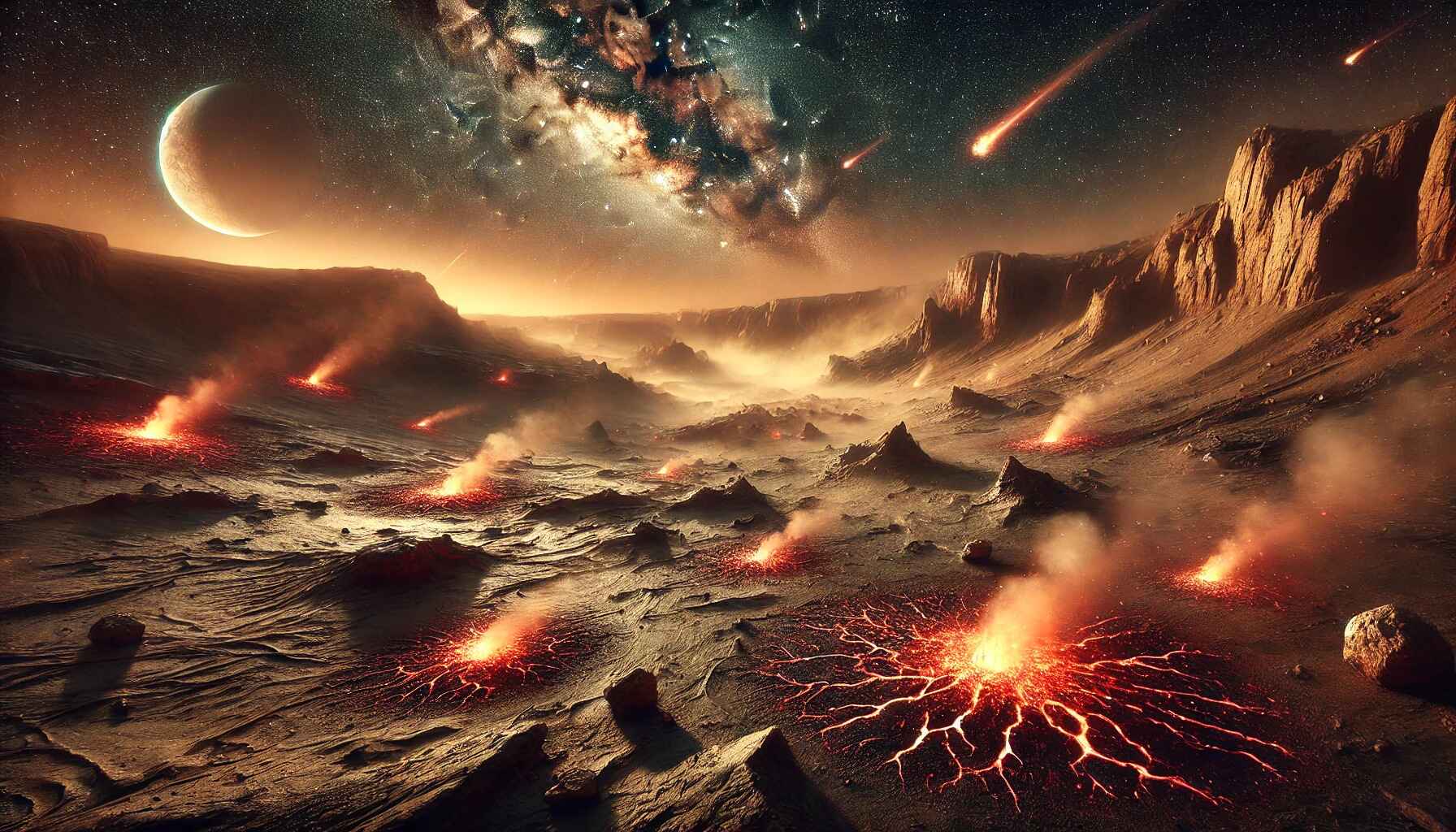 A vast desert landscape with a large, organized encampment of futuristic structures and vehicles, resembling a colony setup