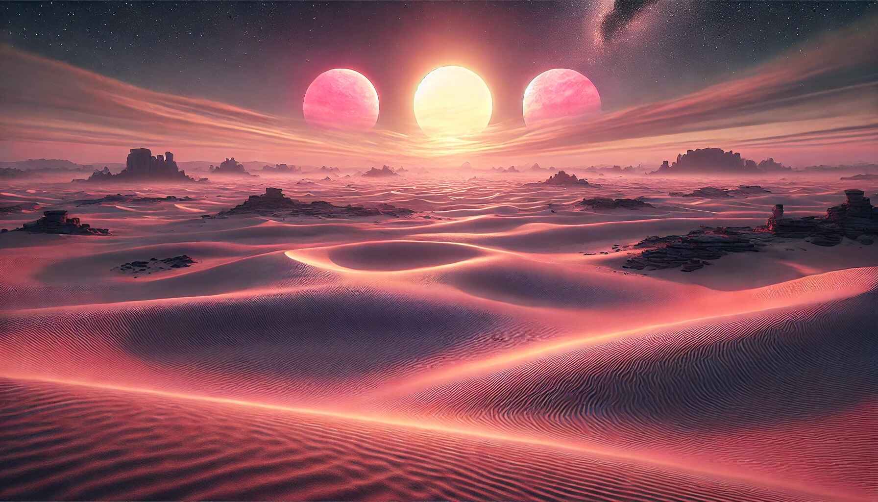 A vast desert landscape with a large, organized encampment of futuristic structures and vehicles, resembling a colony setup