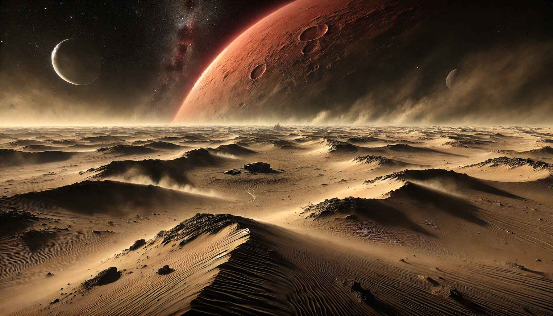 A vast desert landscape with a large, organized encampment of futuristic structures and vehicles, resembling a colony setup