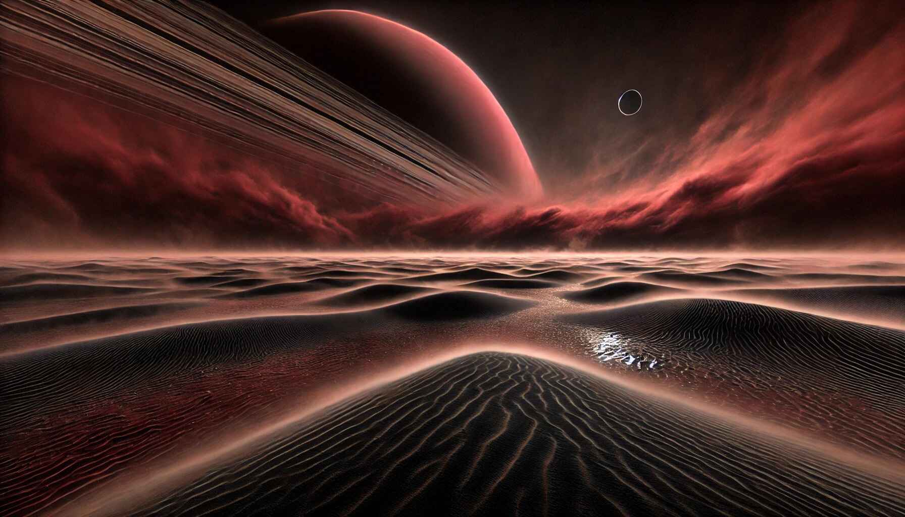 A vast desert landscape with a large, organized encampment of futuristic structures and vehicles, resembling a colony setup