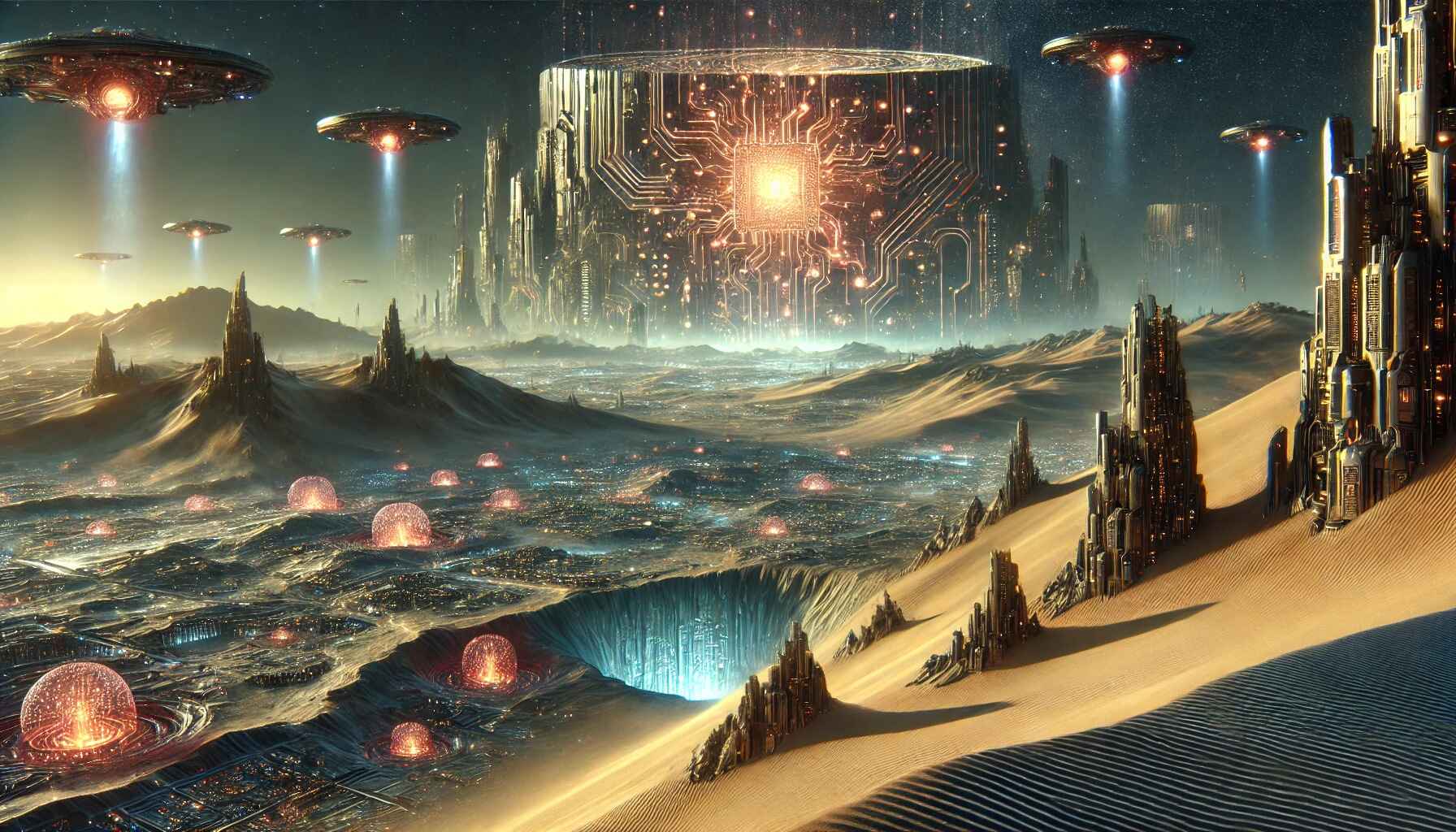 Futuristic desert cityscape at sunset with a central towering structure, rows of spherical buildings, and crowds of people