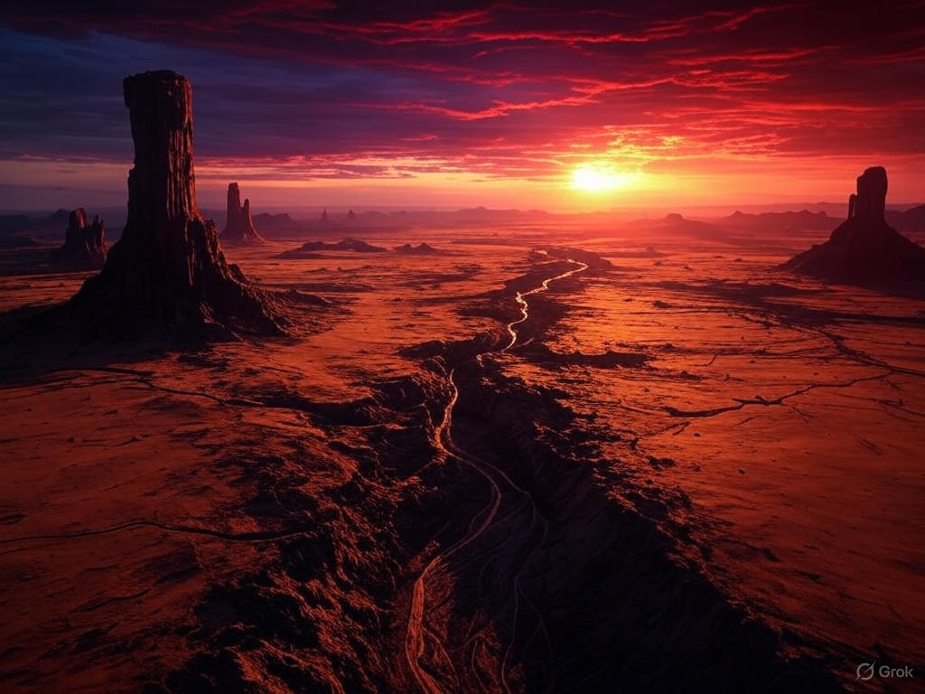 A vast desert landscape with large organized futuristic structures resembling a colony setup