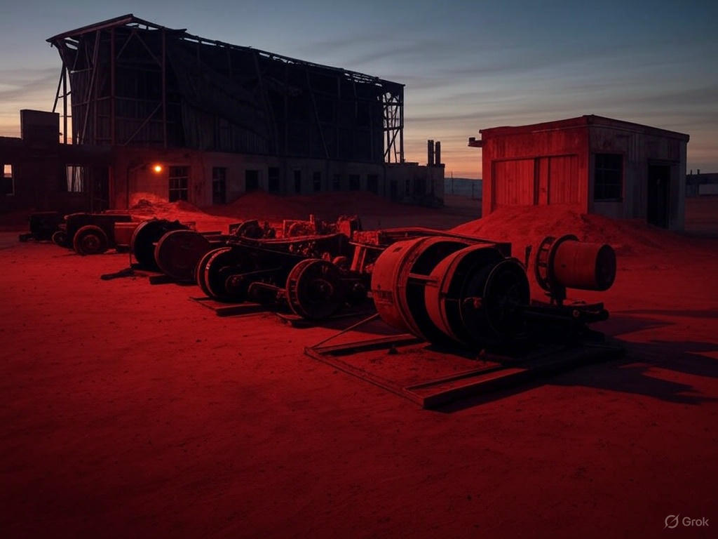 A vast desert landscape with large organized futuristic structures resembling a colony setup