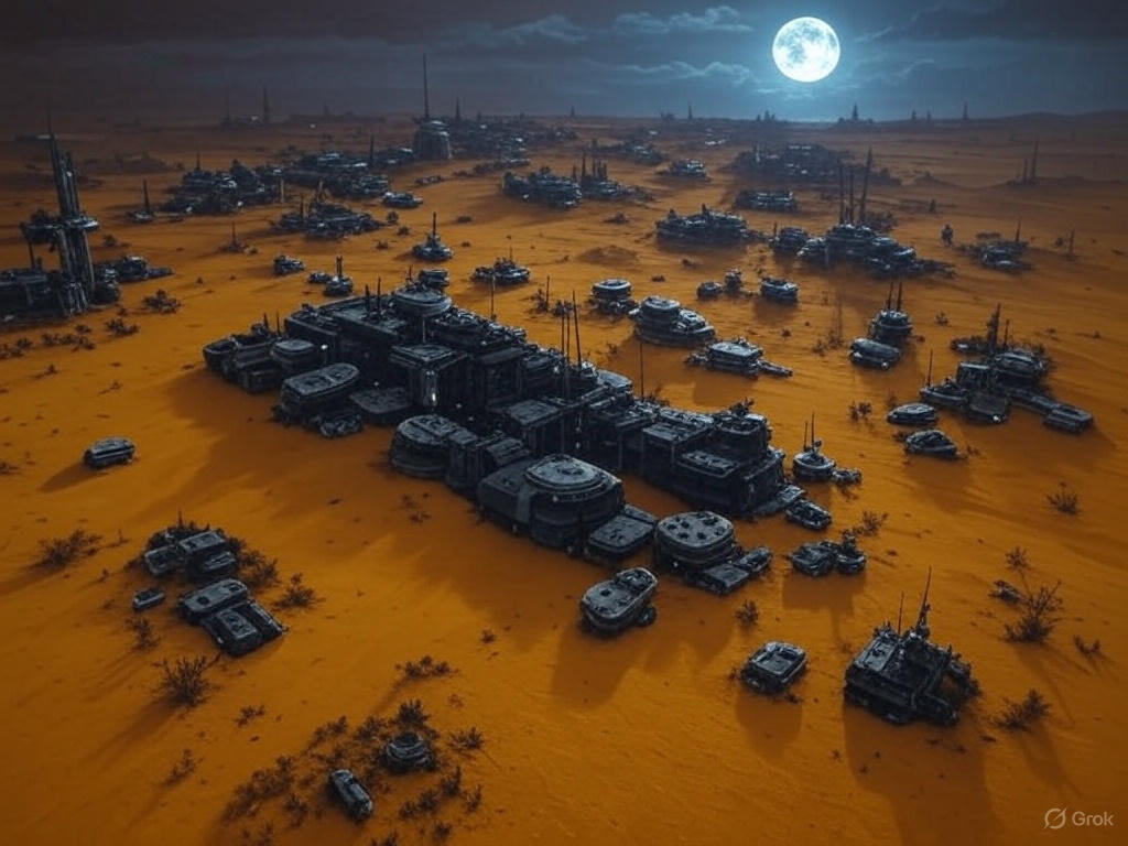 A vast desert landscape with large organized futuristic structures resembling a colony setup