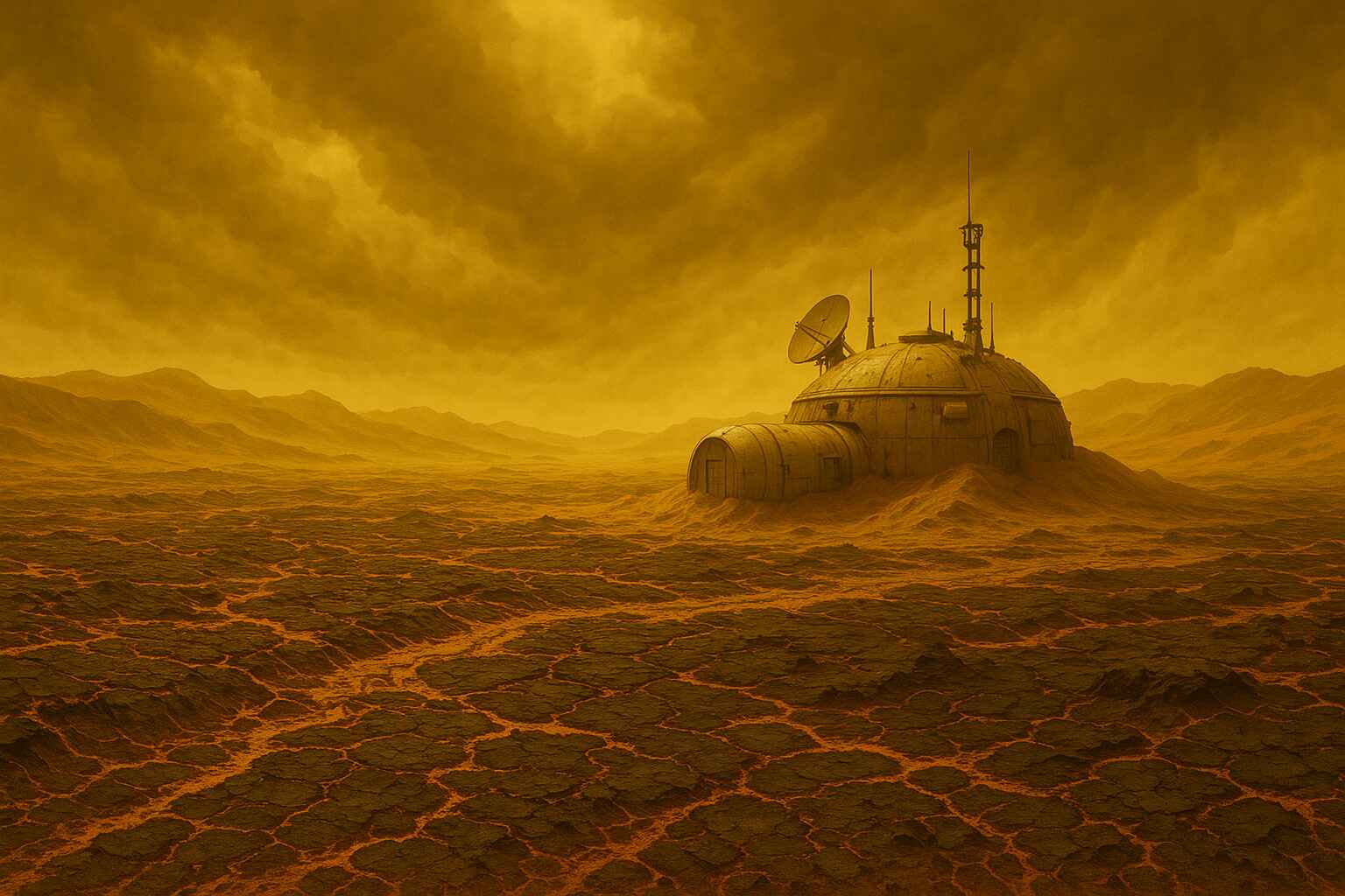 A vast desert landscape with a large, organized encampment of futuristic structures and vehicles, resembling a colony setup
